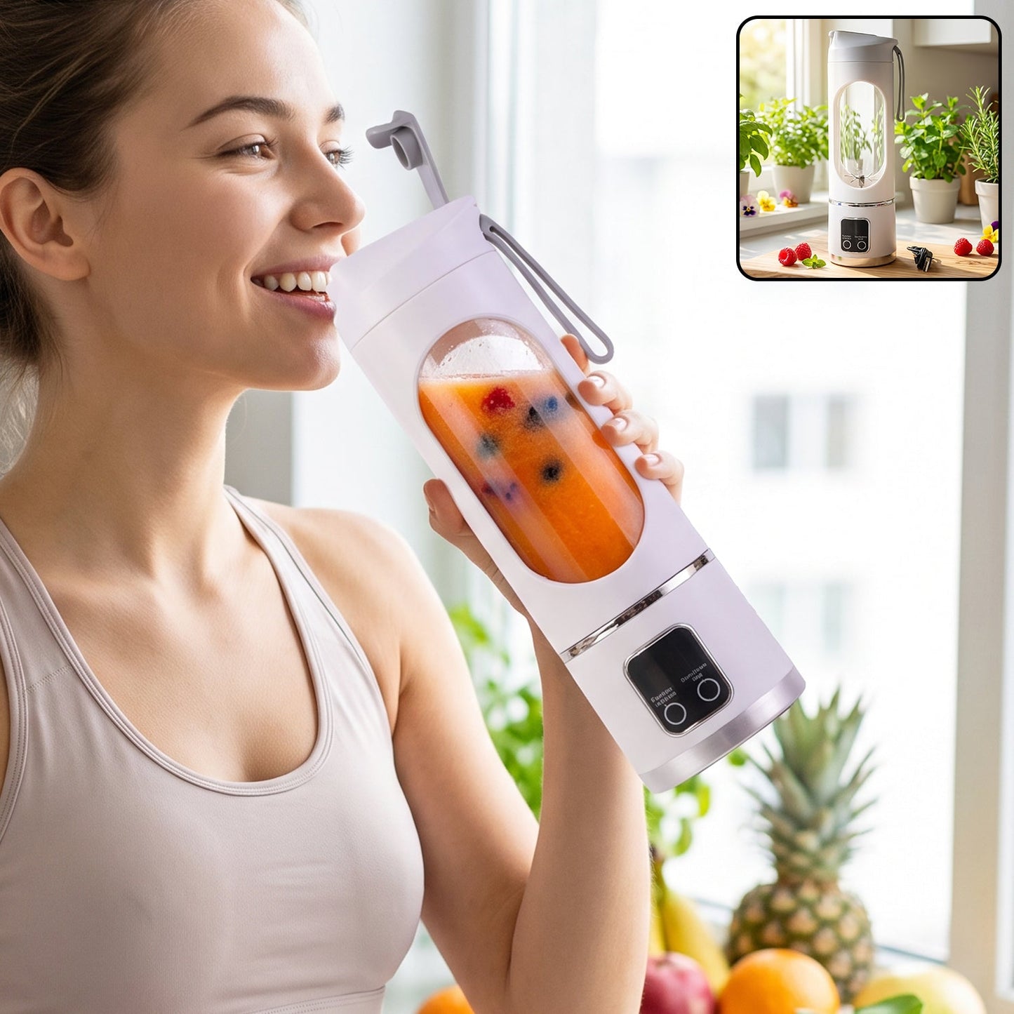 A woman in a light sports bra sips from a white portable blender filled with orange juice and berries, with a small inset