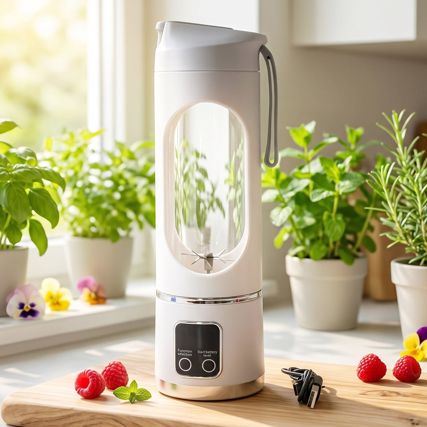 A white portable blender with a clear window and blades sits on a wooden board with raspberries and mint leaves.
