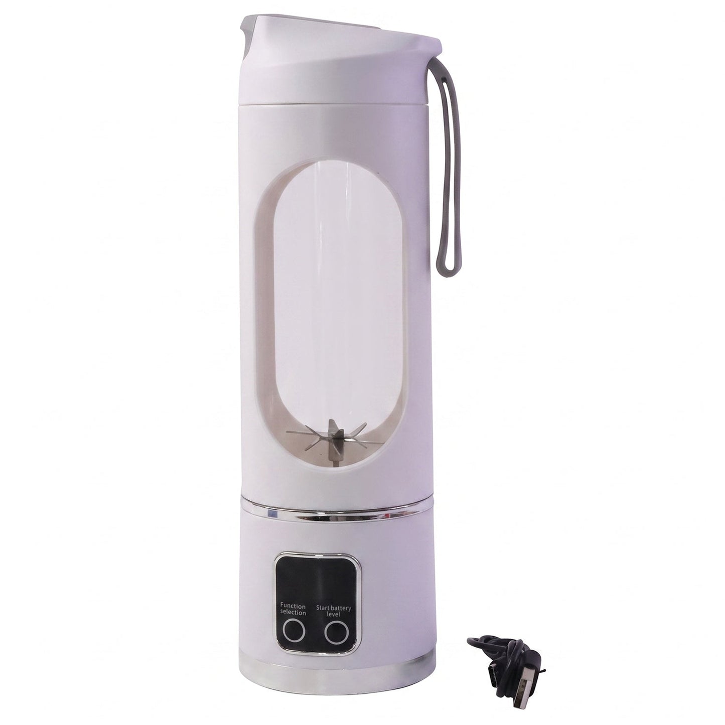 A white portable blender with a clear window and blades stands on a white background with a black charging cable.
