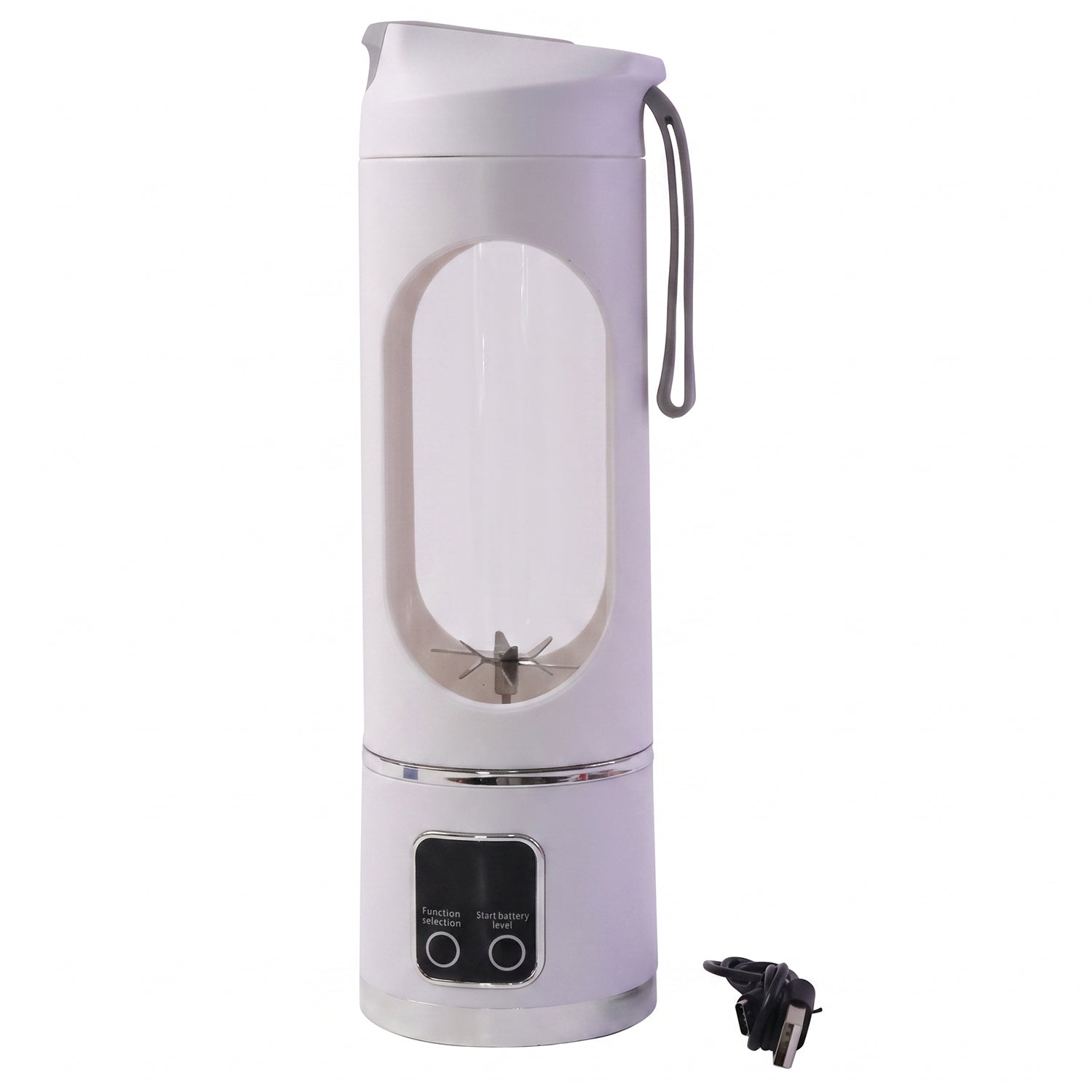 A white portable blender with a clear window and blades stands on a white background with a black charging cable.