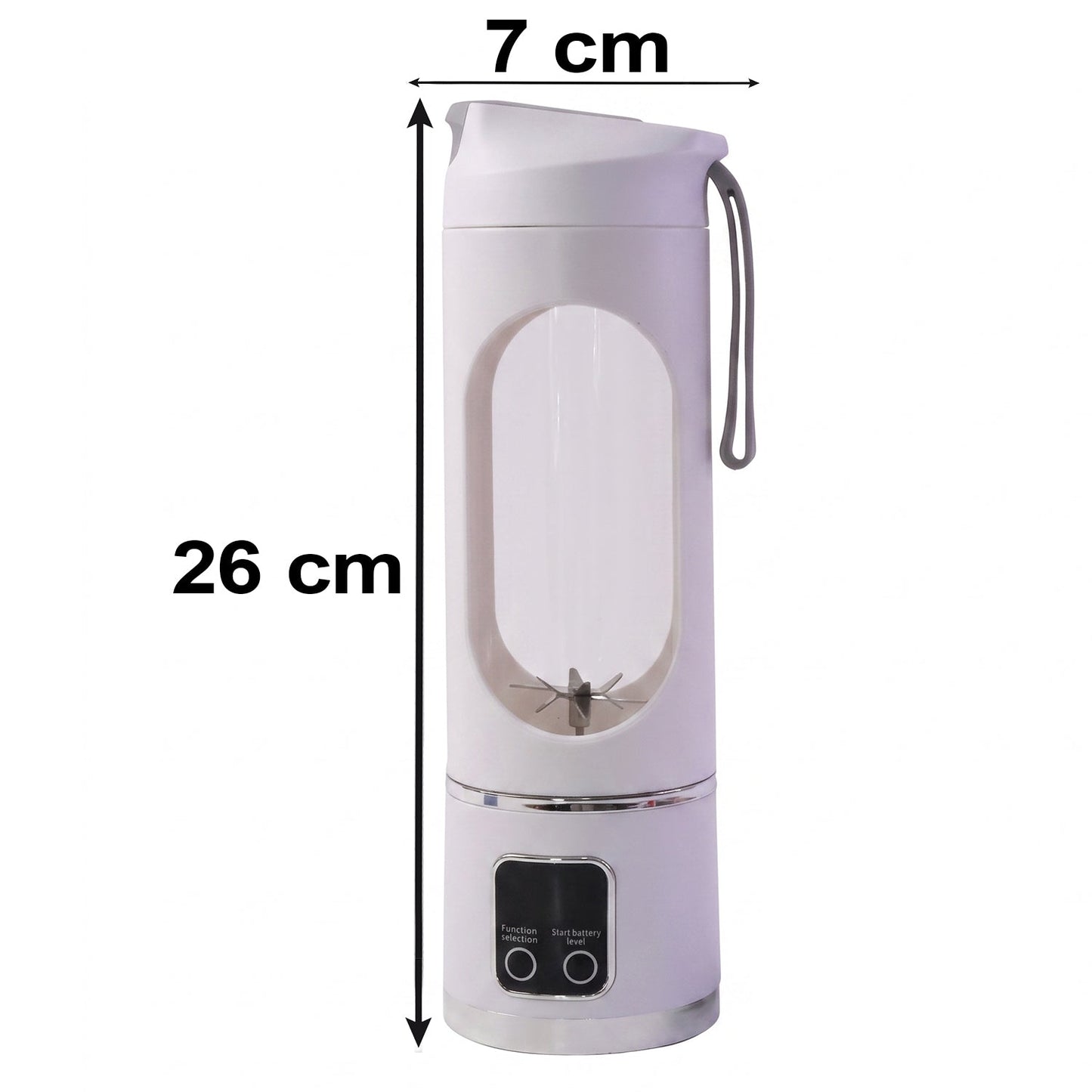 A white portable blender with a clear window and blades, showing dimensions of 26 cm height and 7 cm width.