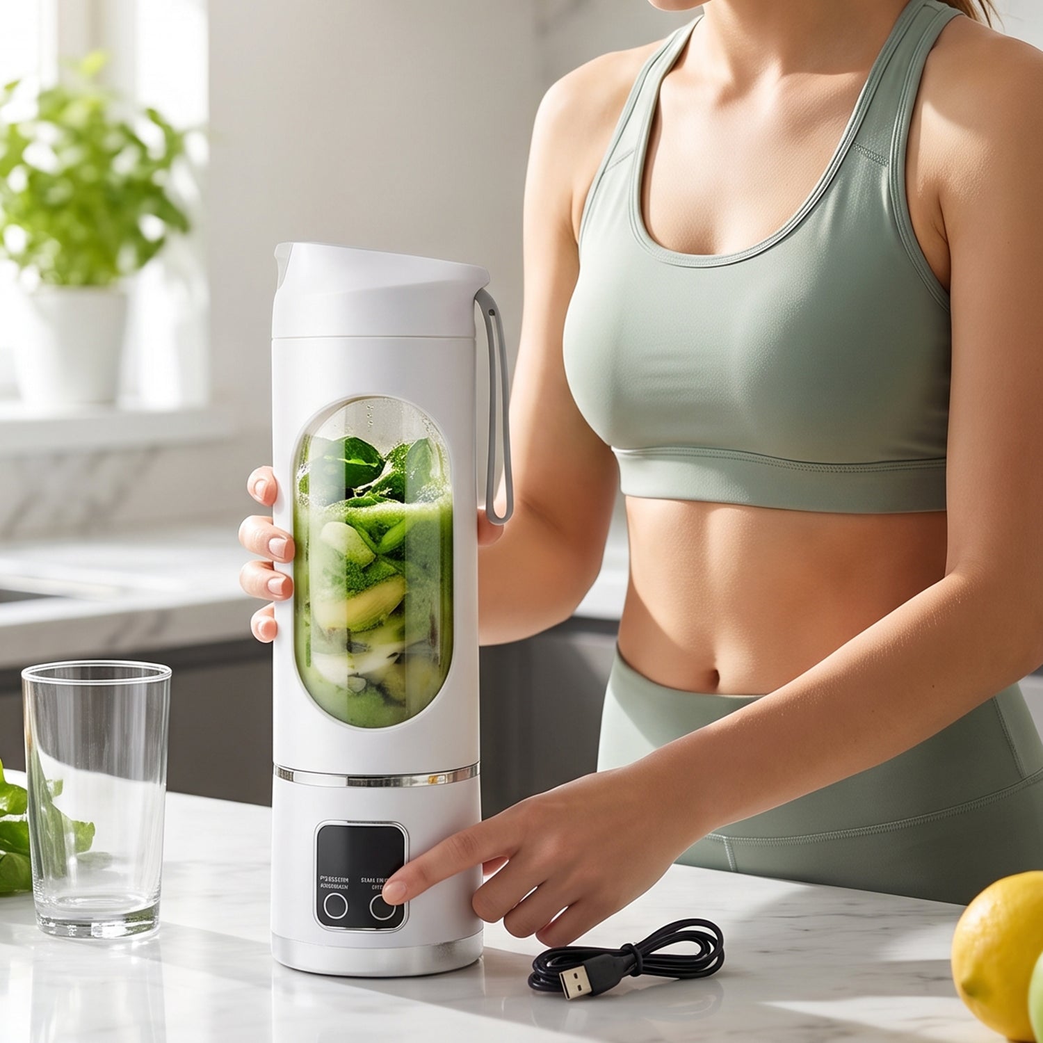A woman in a green sports bra presses a button on a white portable blender filled with green smoothie ingredients.