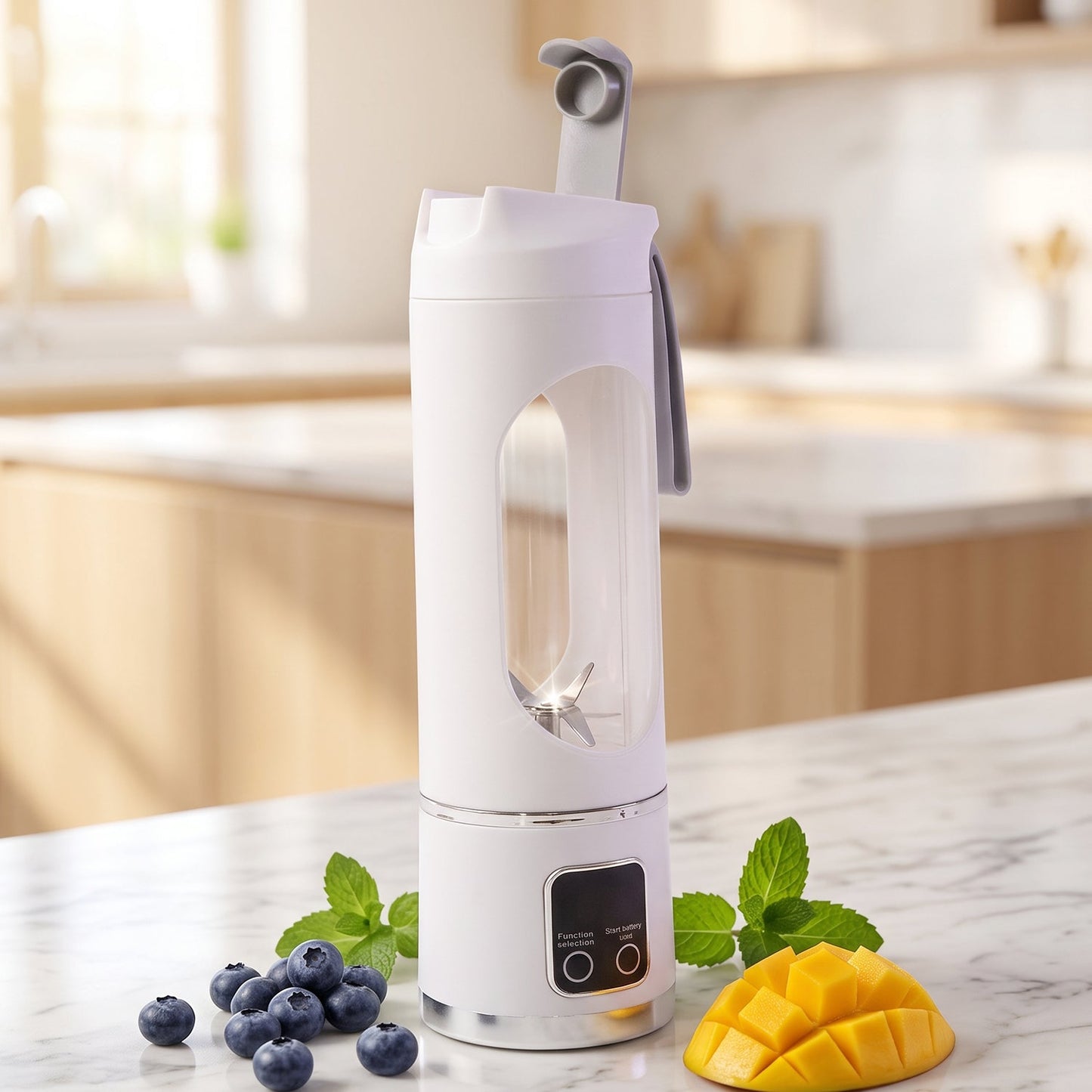 A white portable blender with a clear window and blades sits on a marble counter with blueberries, mint, and mango slices.