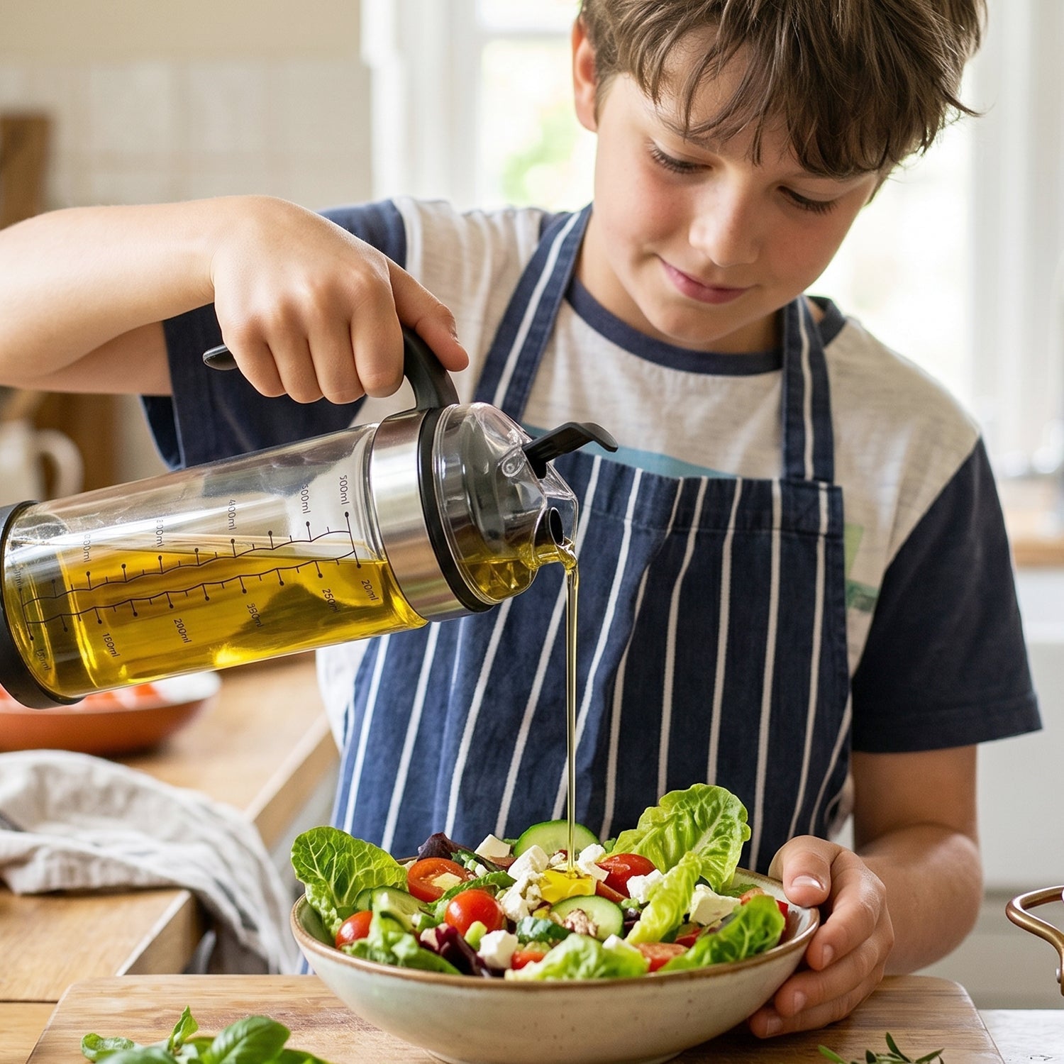 Pouring action with glass oil bottle in kitchen