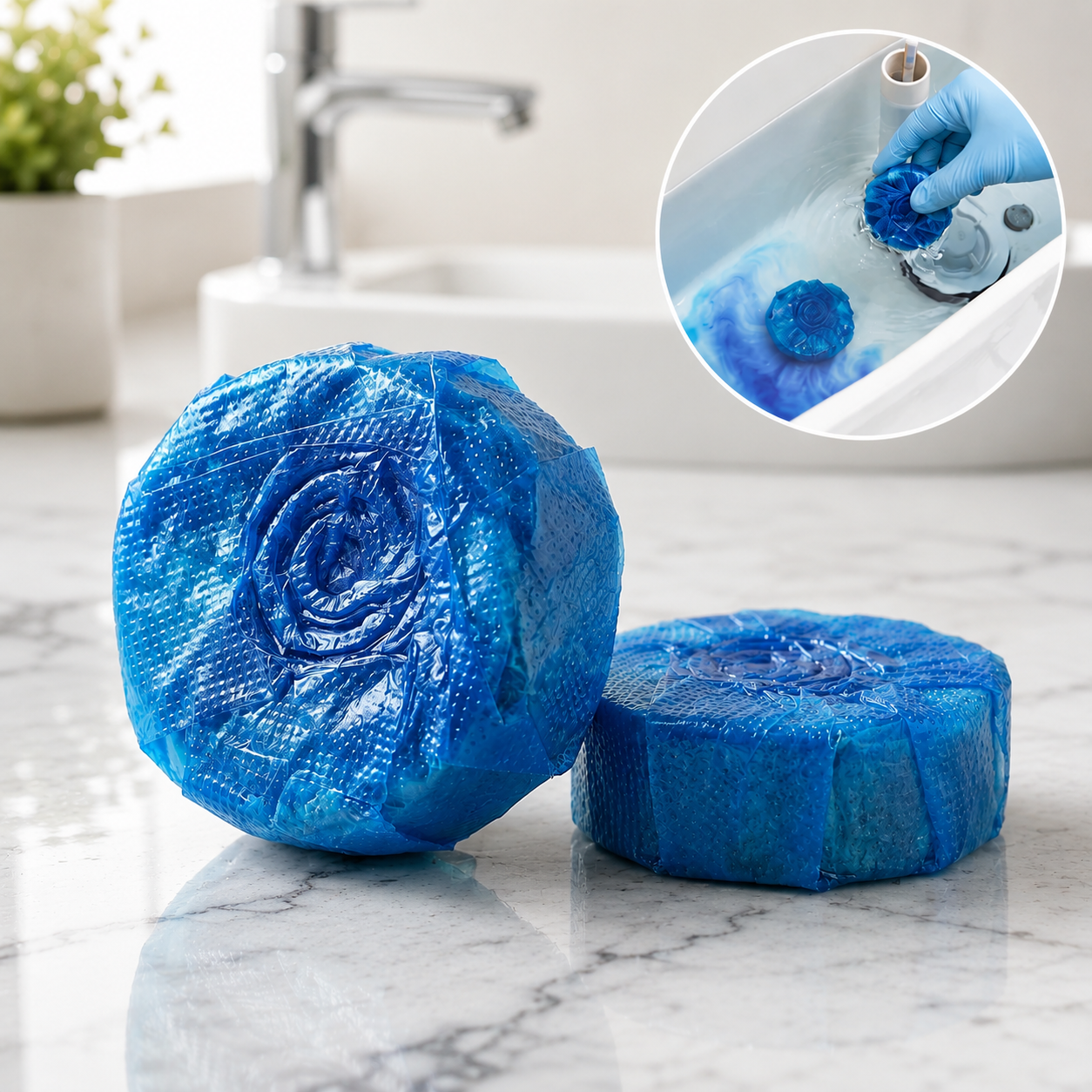 Two blue toilet cleaner tablets on a marble counter, with an inset showing one being placed in a toilet tank.