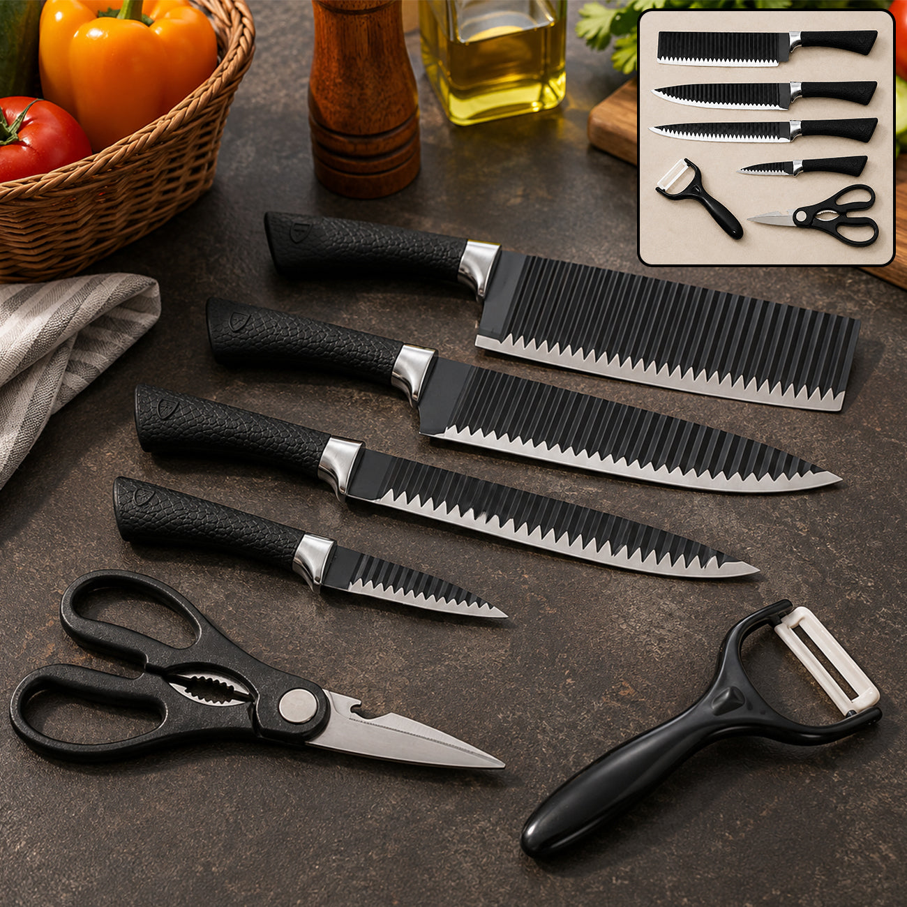 Six-piece black serrated knife set with peeler and scissors on a dark countertop with vegetables.