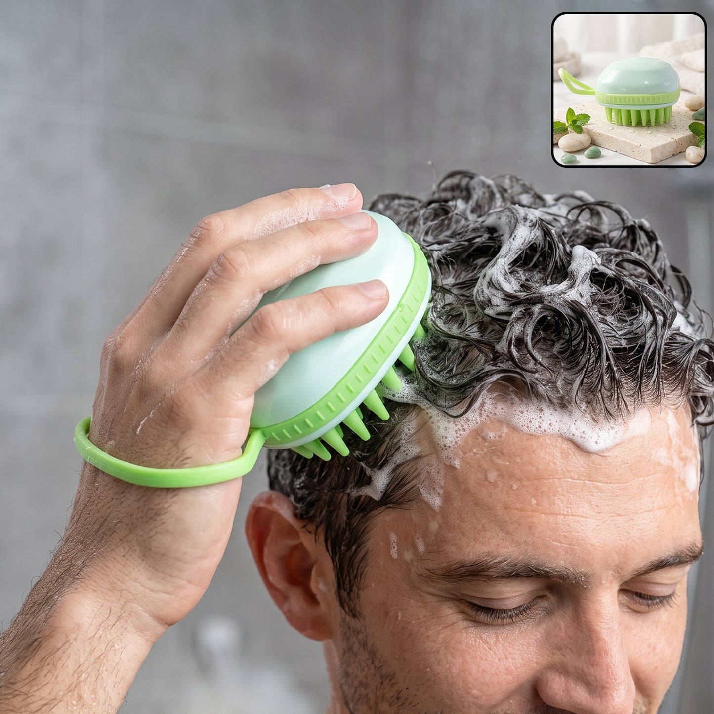 A person's hand holds a light green silicone scalp massage brush, using it to lather shampoo into their wet, dark hair in