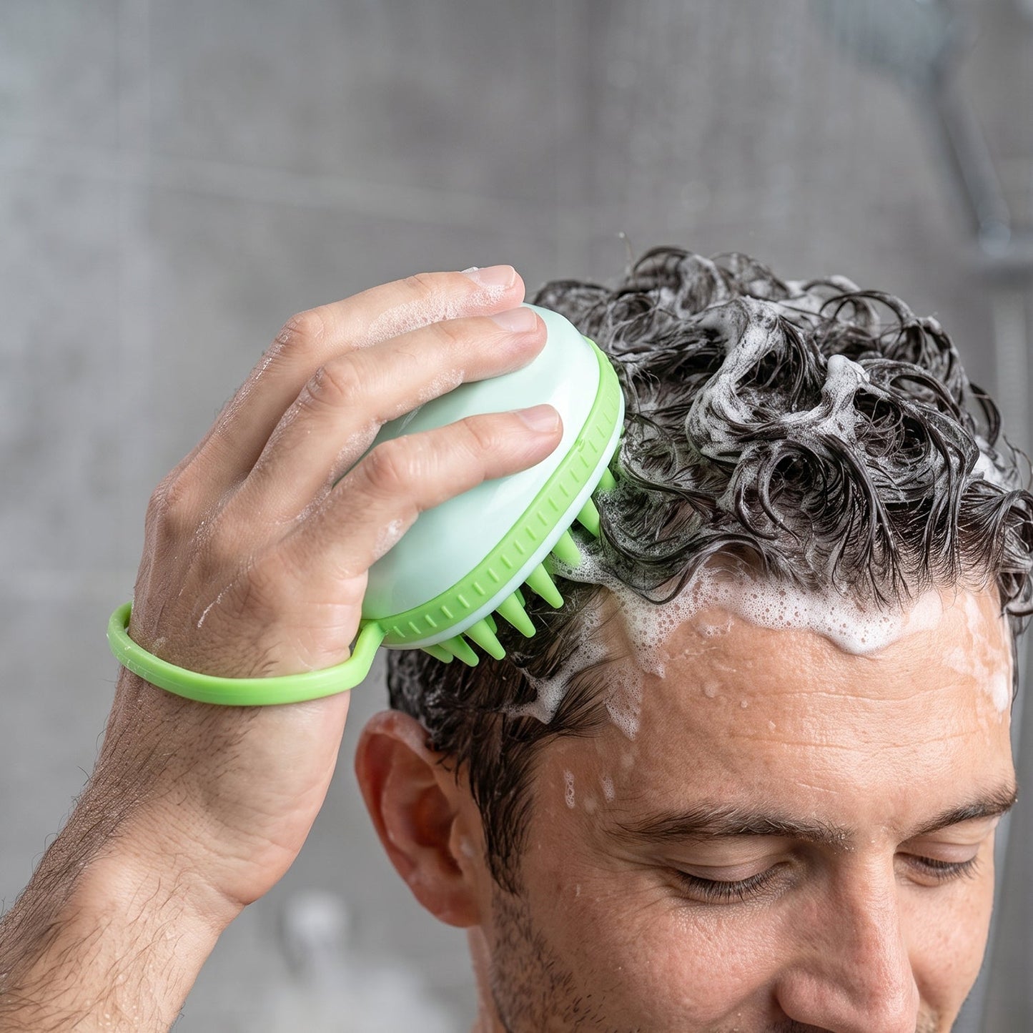 A person's hand is visible, holding a light green silicone scalp massage brush and scrubbing their dark, sudsy hair in a