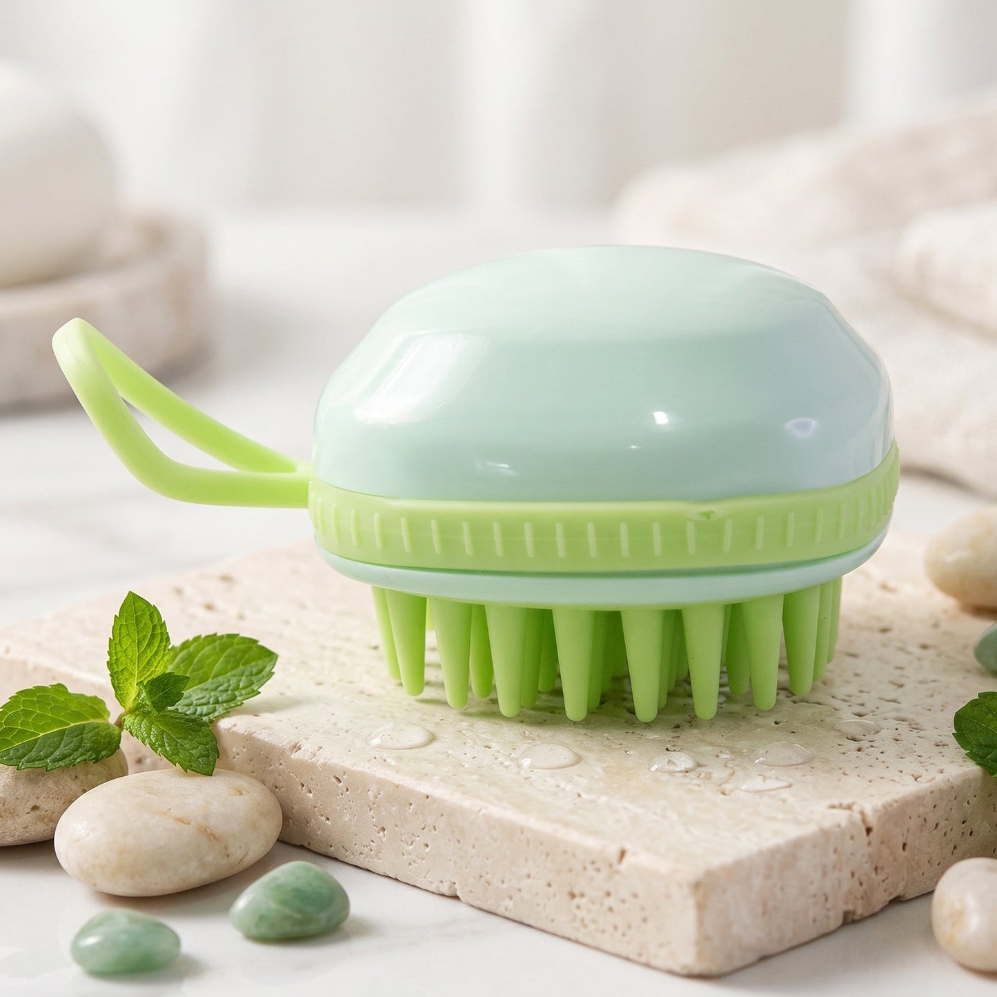 A light green silicone scalp massage brush rests on a light stone surface with water droplets, surrounded by small pebbles