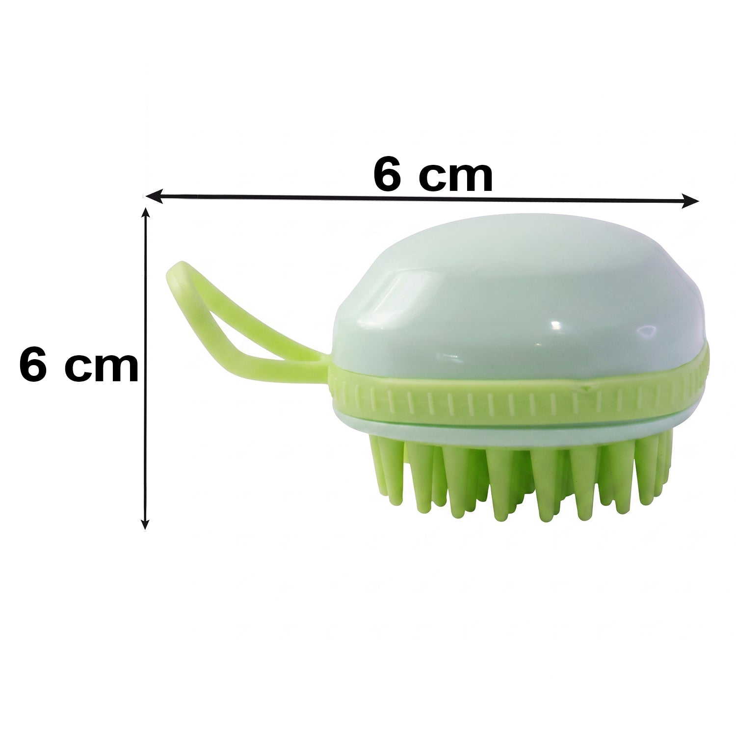 A light green silicone scalp massage brush is shown with white measurement lines indicating it is 6 cm in both height and