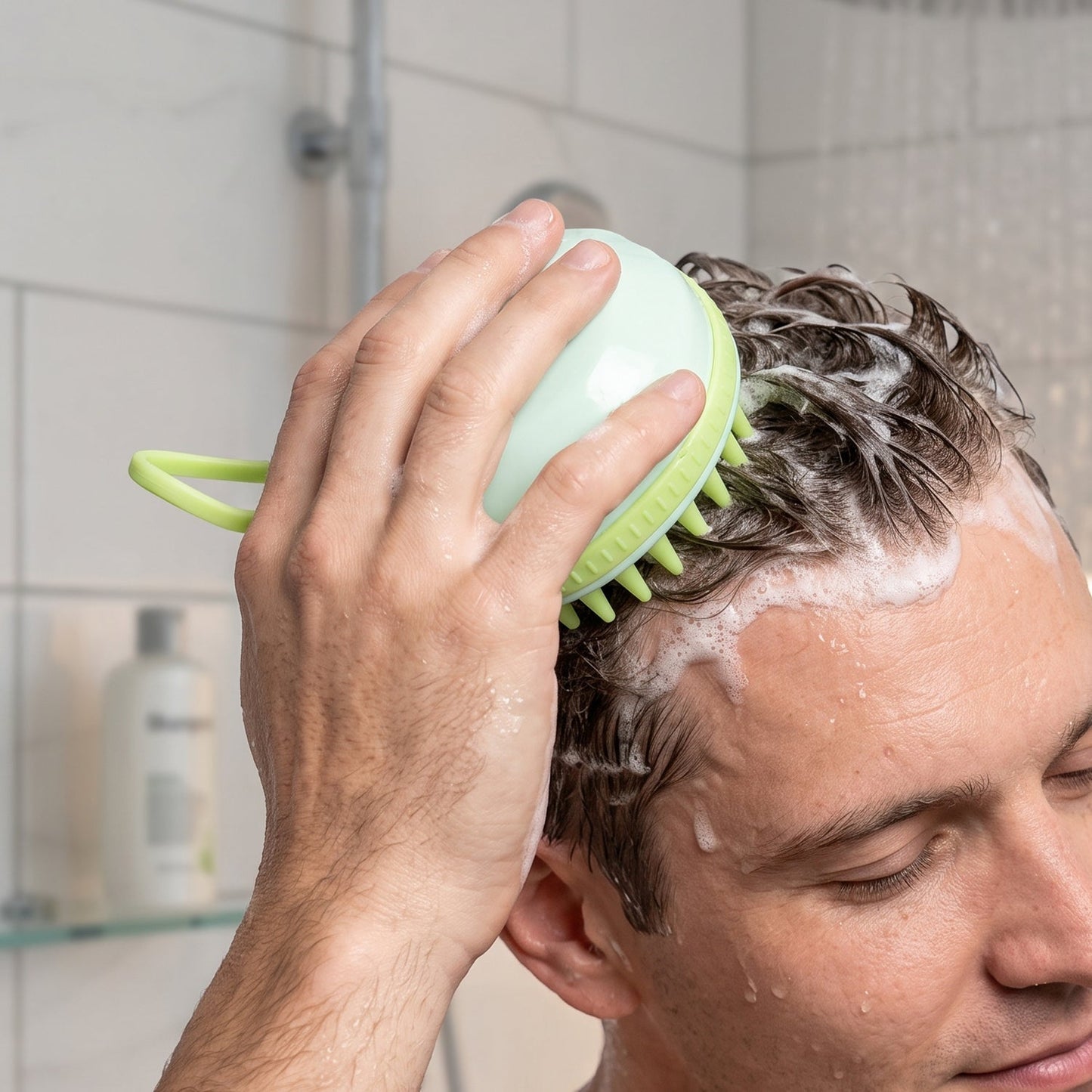 A man massages his wet, dark hair with a light green silicone scalp brush in the shower, with shampoo bottles blurred in the