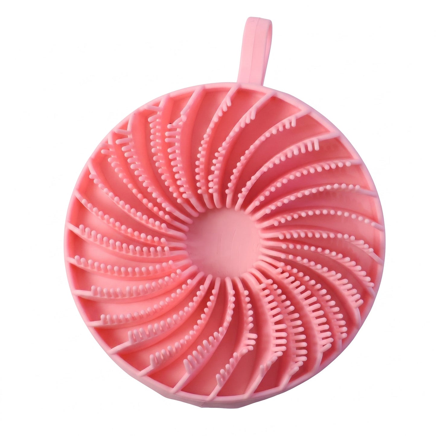 A pink silicone body scrubber with a spiral pattern of bristles and a hanging loop is shown on a white background.