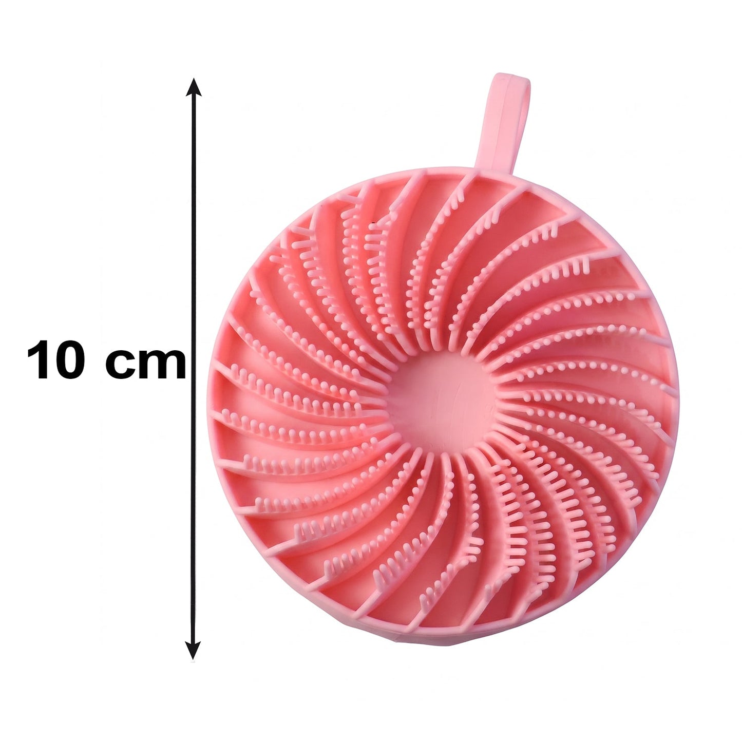 A pink silicone body scrubber with a spiral pattern of bristles and a hanging loop is shown with a '10 cm' measurement.