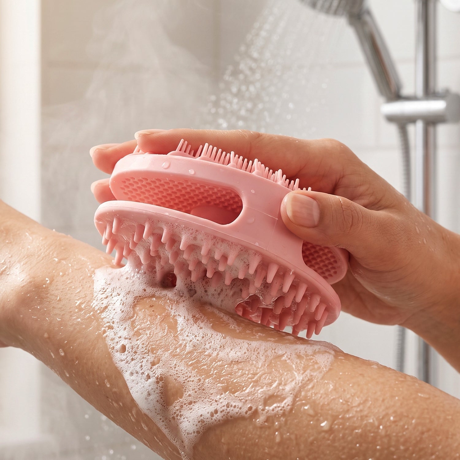 A hand holds a pink silicone body scrubber, scrubbing a soapy arm under a shower head.