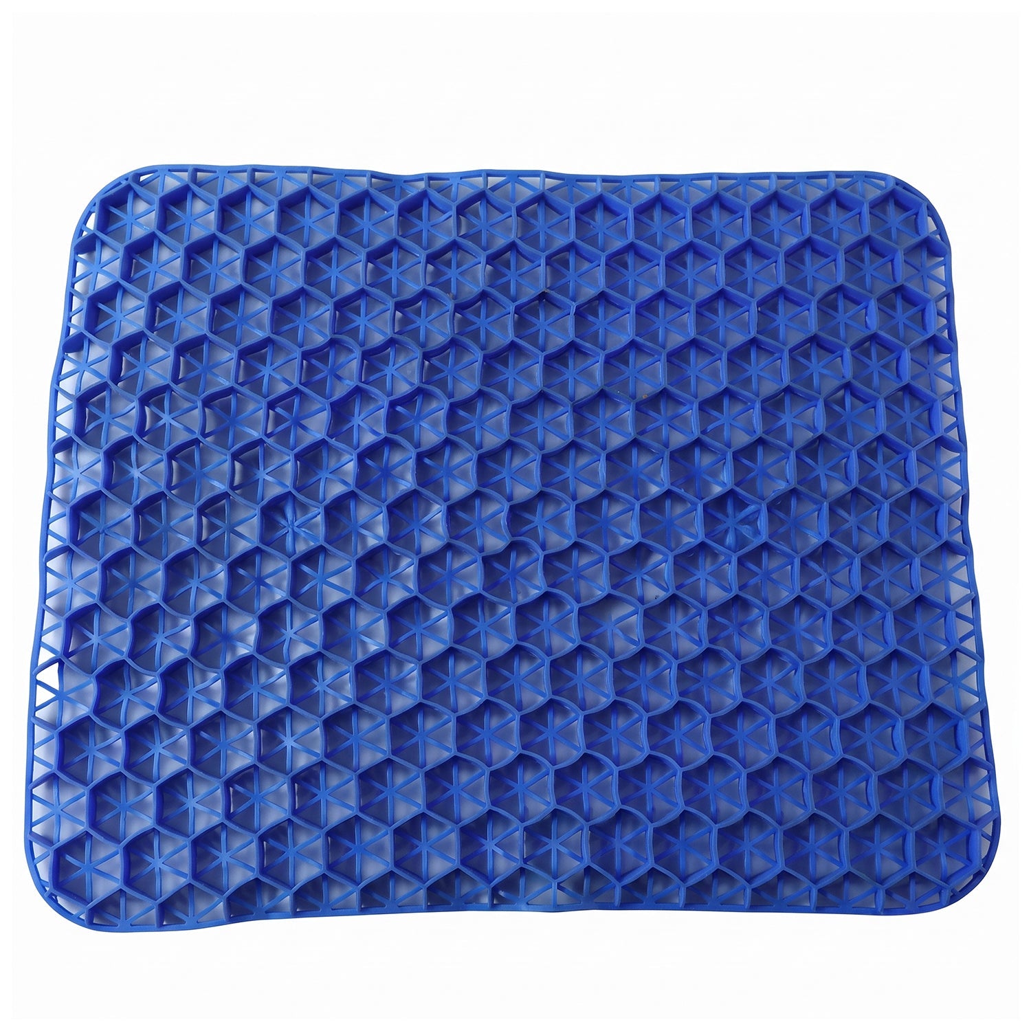 Full, top-down view of the rectangular blue honeycomb gel cushion on a white background.