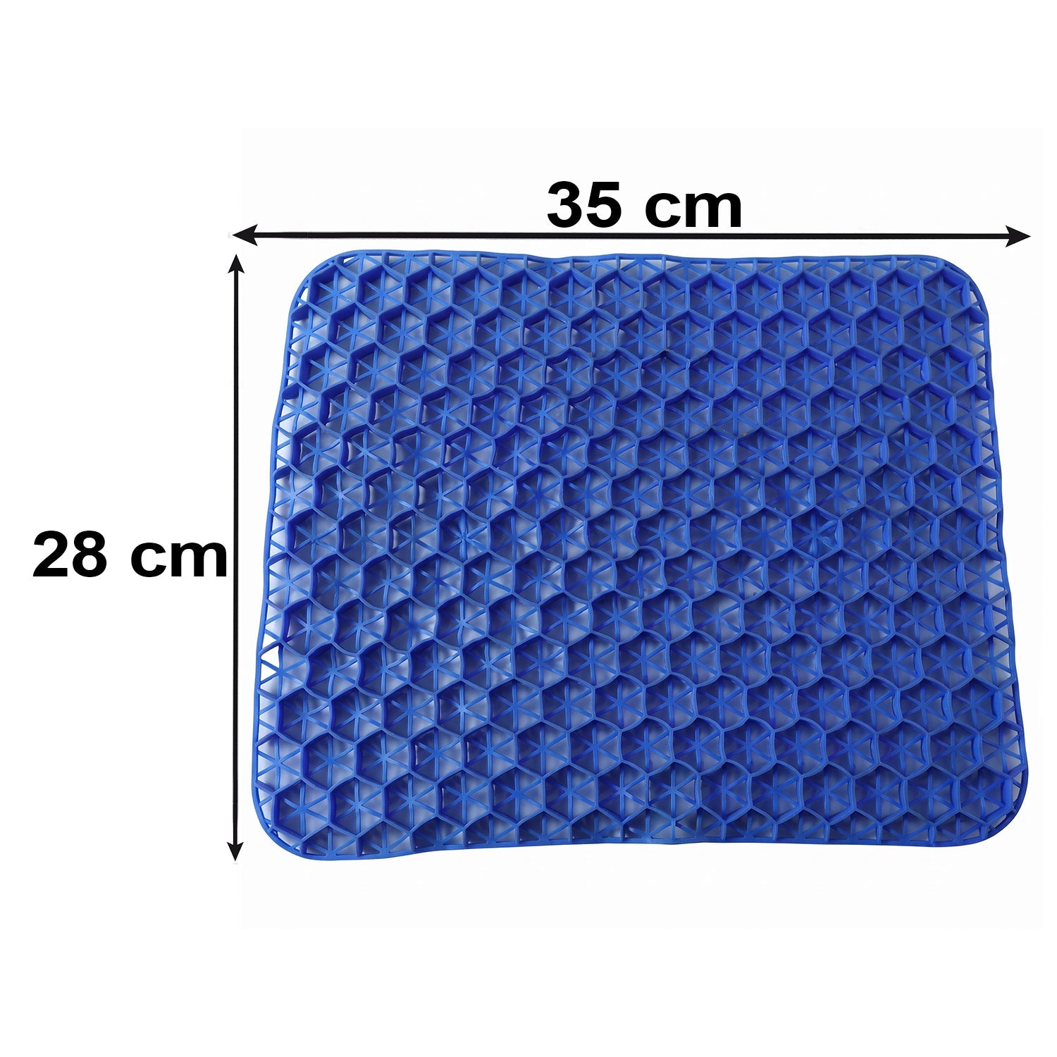 Blue honeycomb gel cushion with dimensions 35 cm by 28 cm indicated by black arrows and text.