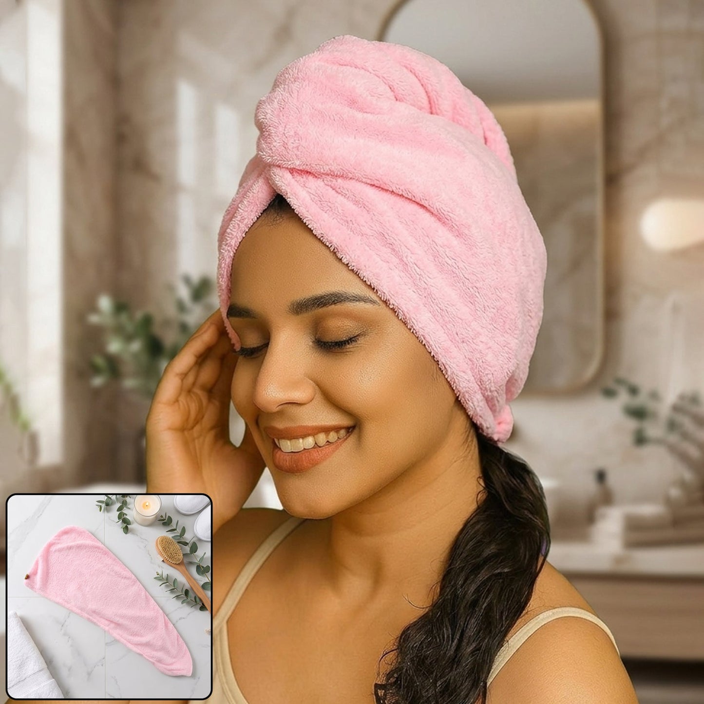 A smiling woman with dark hair wears a pink microfiber hair wrap in a bathroom setting.