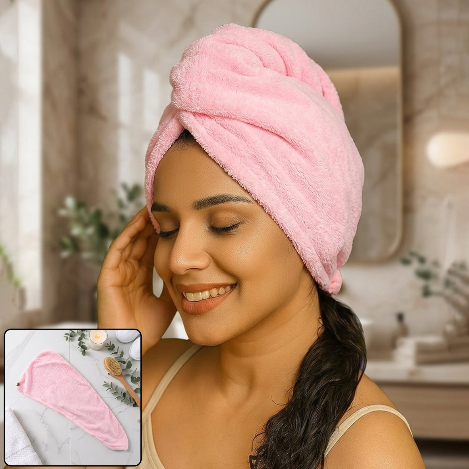 A smiling woman with dark hair wears a pink microfiber hair wrap in a bathroom setting.