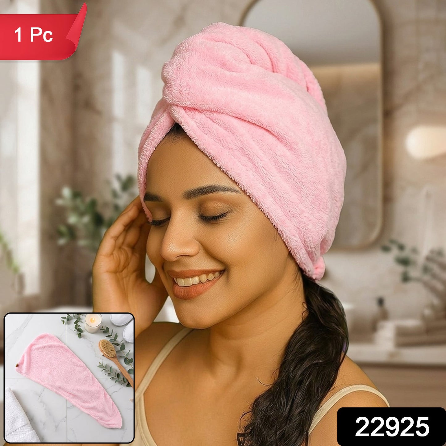 A woman applies a pink microfiber hair wrap, twisting her wet hair into the towel.