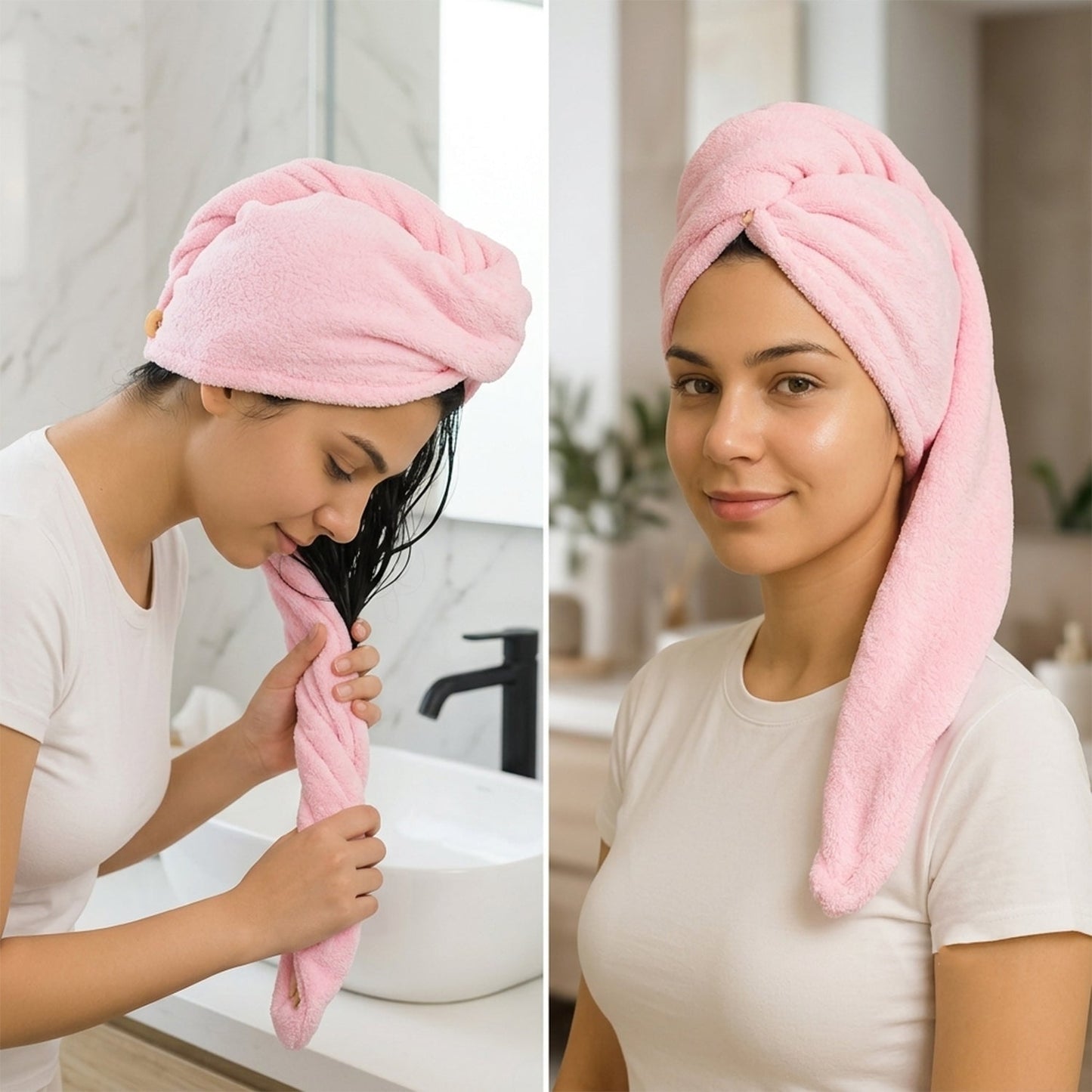 A woman with dark hair smiles, wearing a pink microfiber hair wrap in a bathroom.