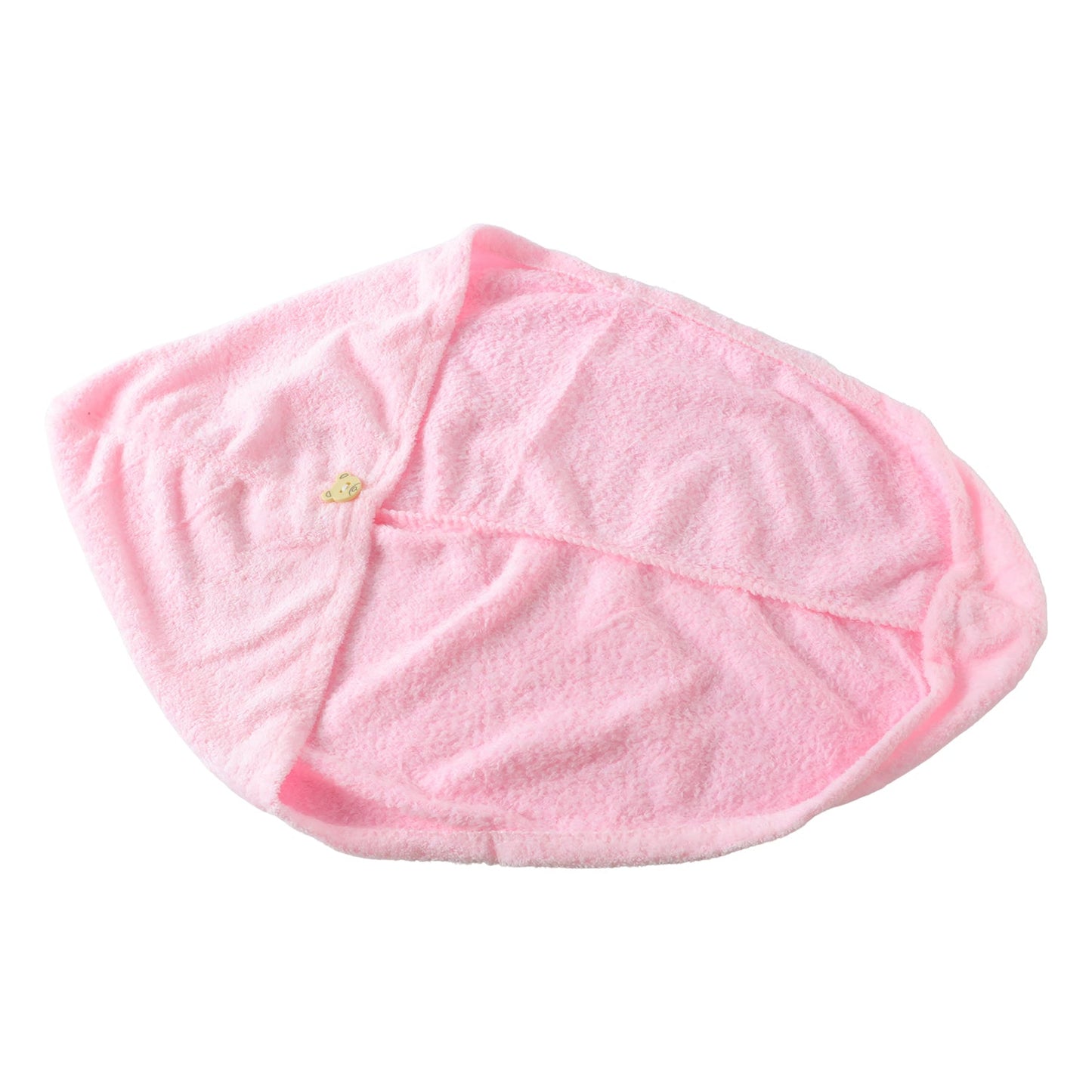 A pink microfiber hair wrap with a button closure is shown on a white background.