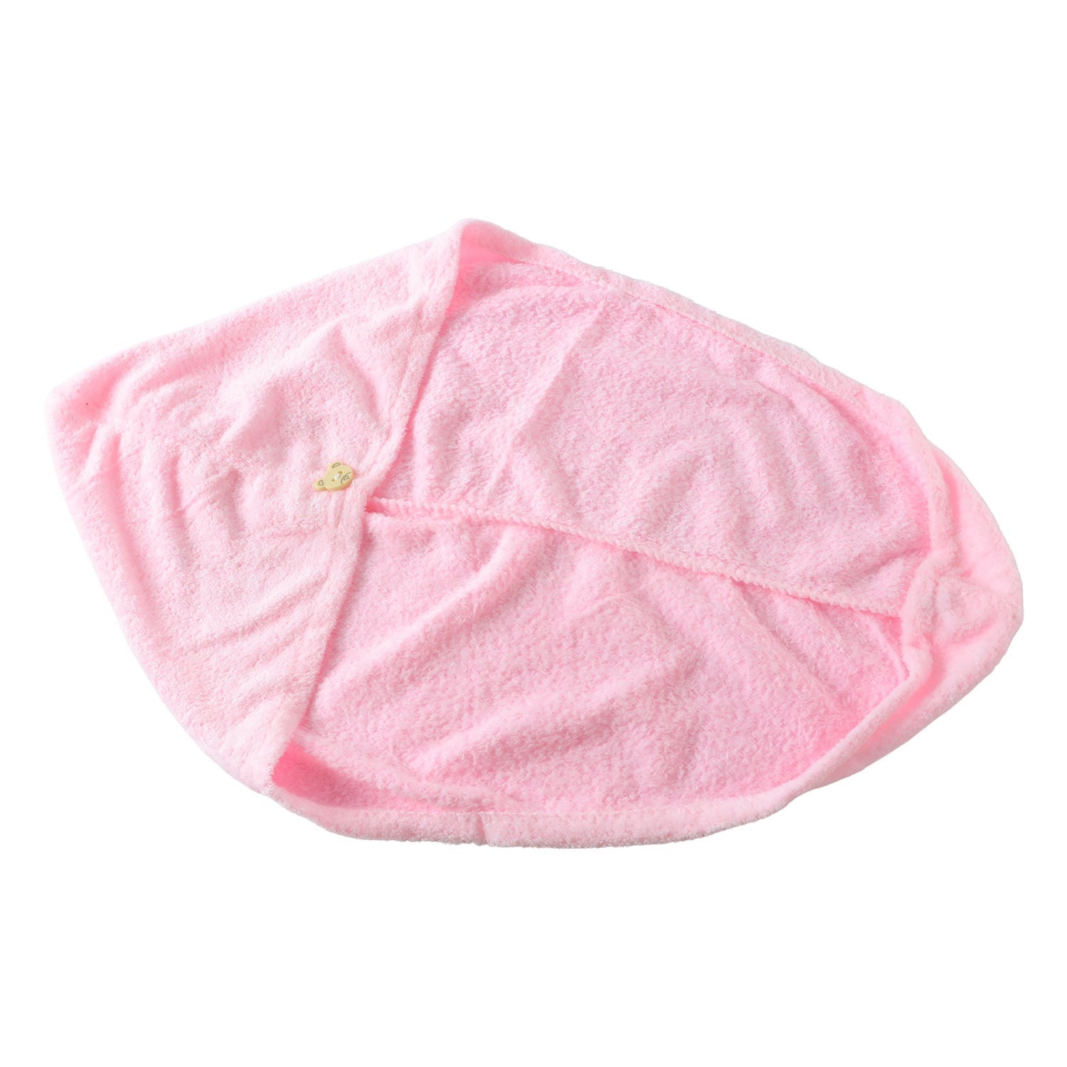 A pink microfiber hair wrap with a button closure is shown on a white background.