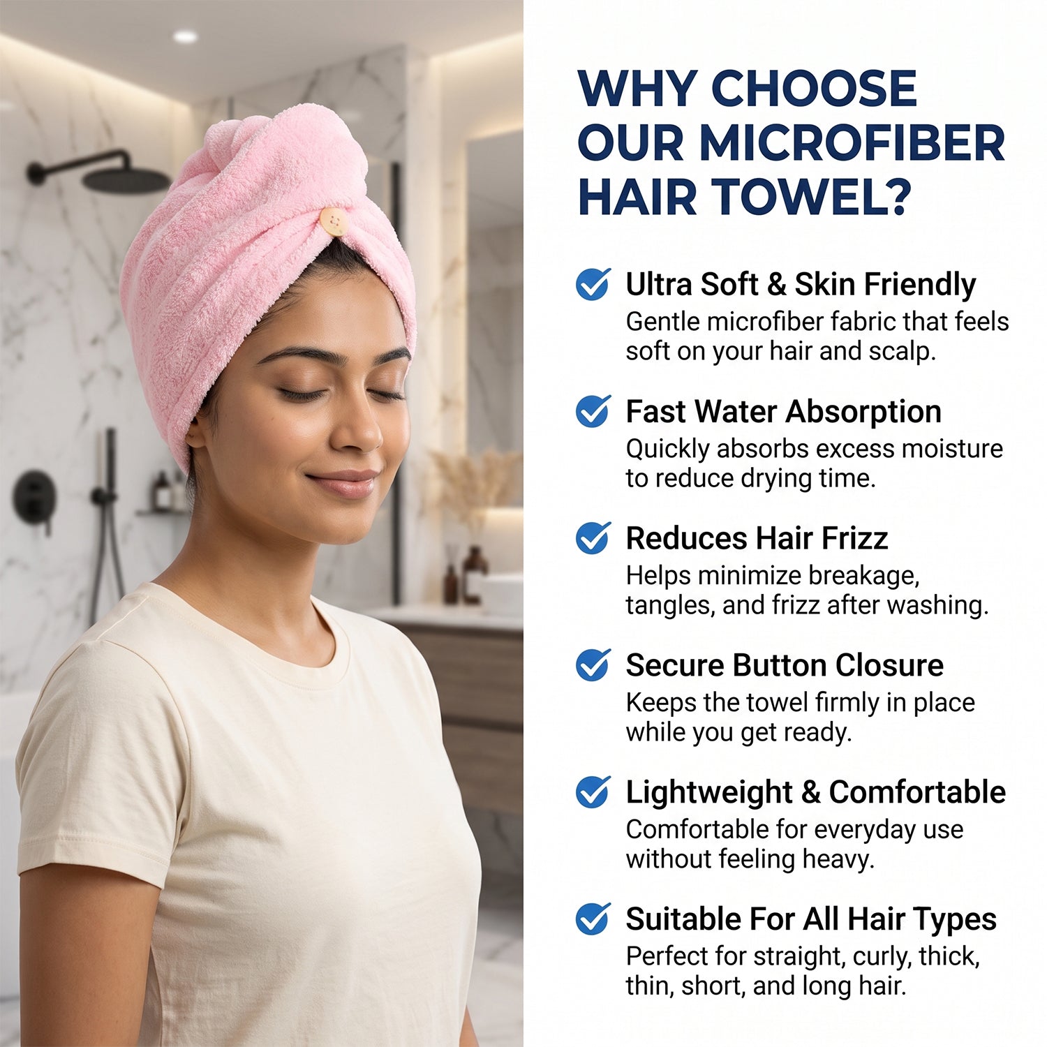 A woman with a pink microfiber hair towel smiles, with text describing product benefits on the right.