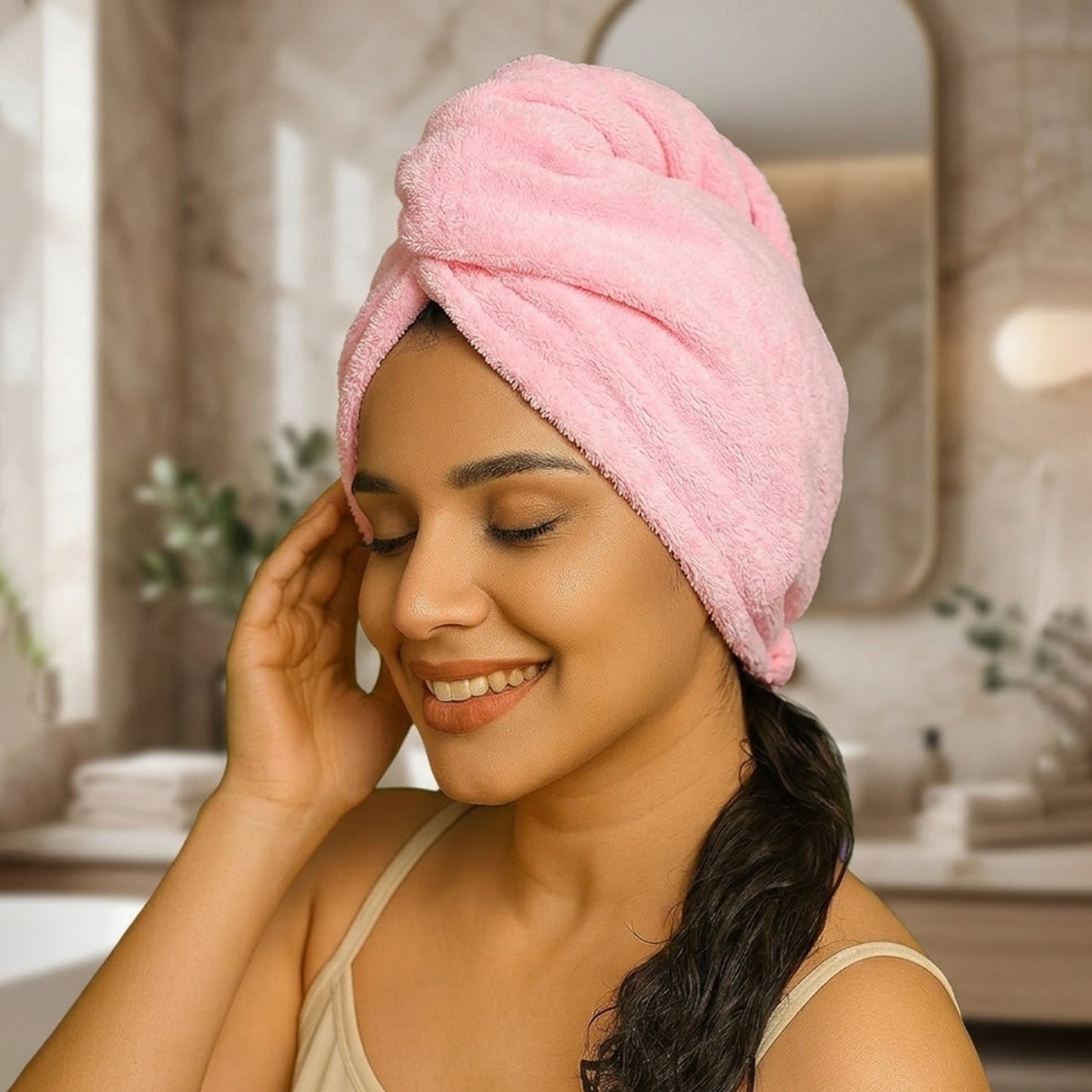 A woman with a pink microfiber hair wrap smiles, with a smaller inset image of the towel.