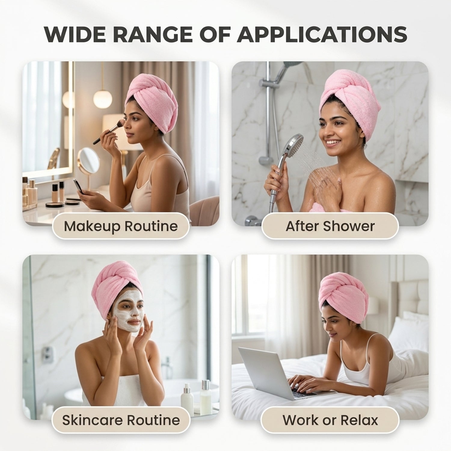 Four square images show a woman using a pink hair wrap for makeup, shower, skincare, and work.