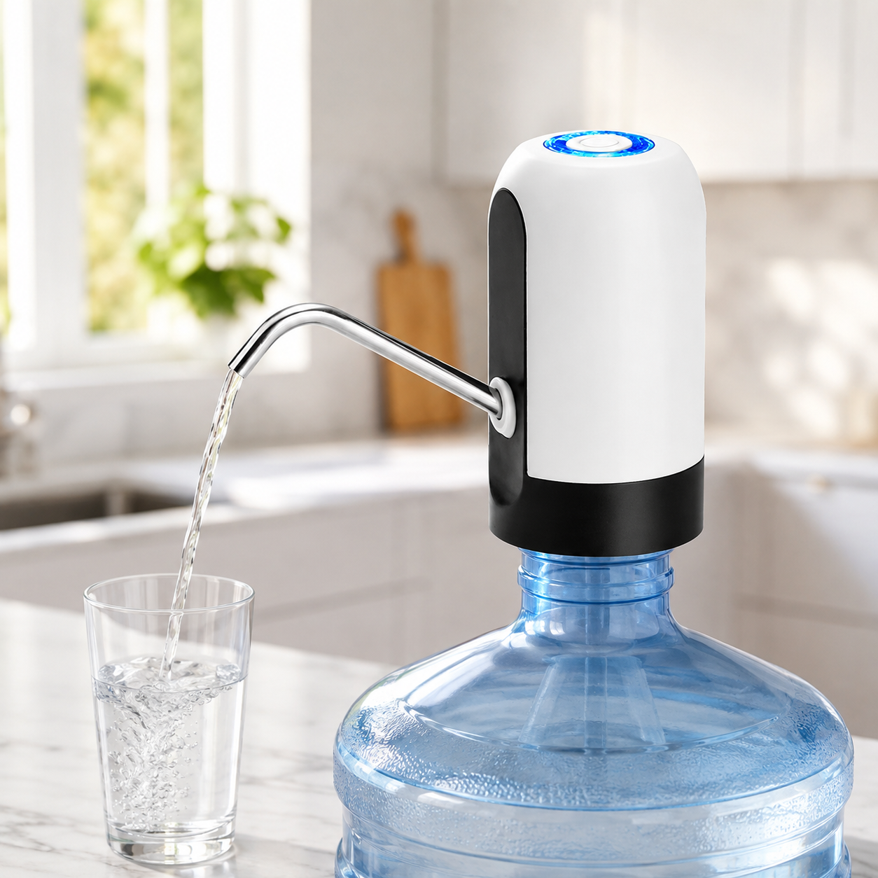 White and black automatic water pump dispensing water into a clear glass from a large blue water bottle in a kitchen setting.