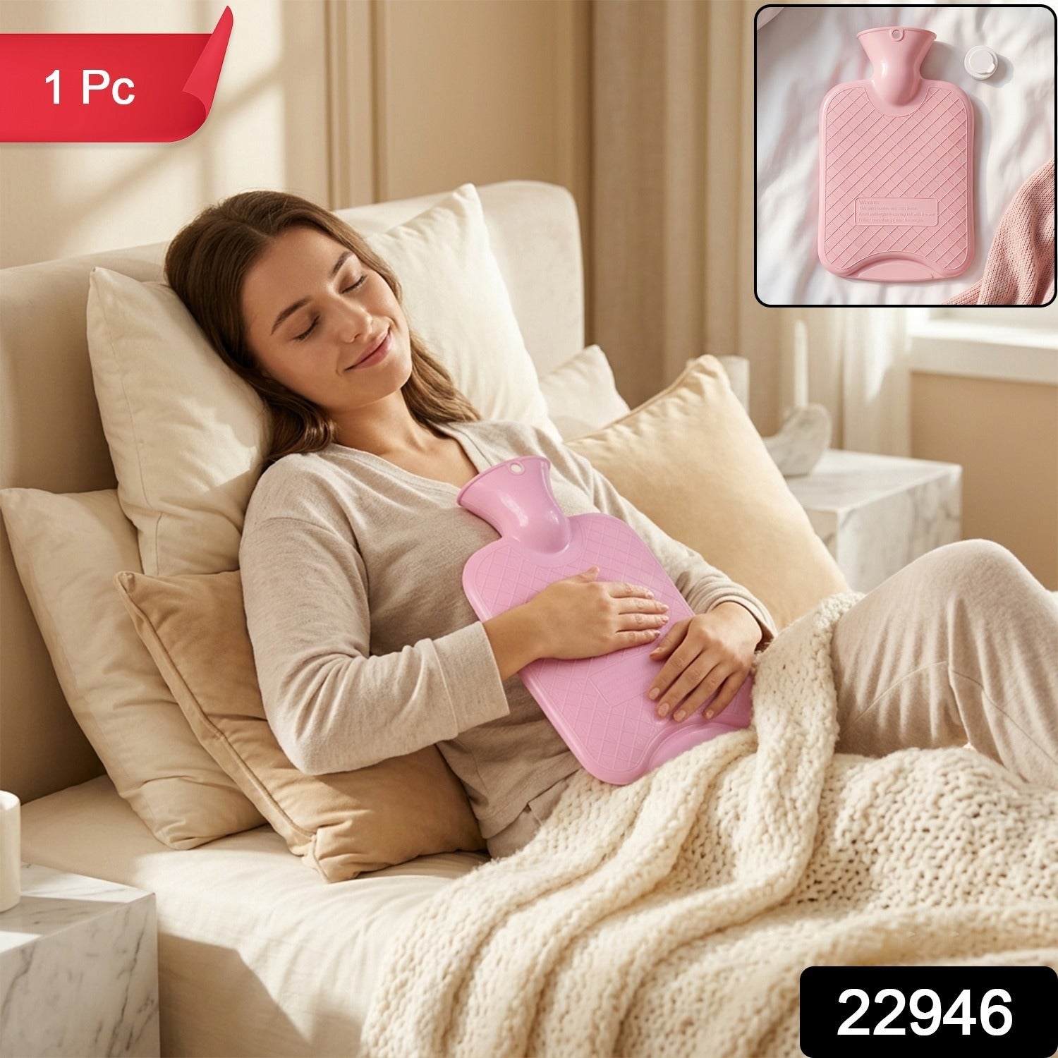 A woman relaxes in bed with a pink hot water bag, with a red "1 Pc" label and a black "22946" label.
