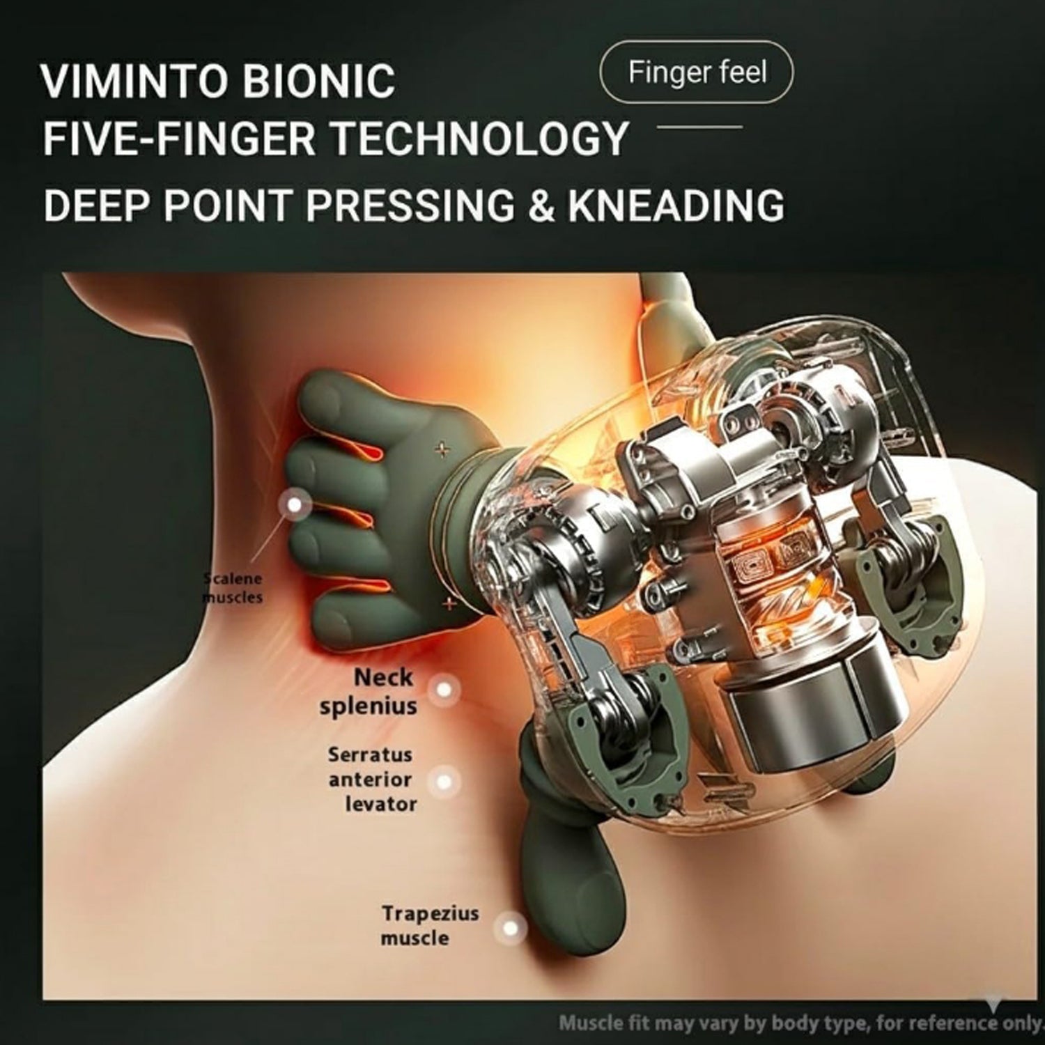 An anatomical diagram showing a transparent green bionic massager on a neck, highlighting muscles like the 'calene muscles',