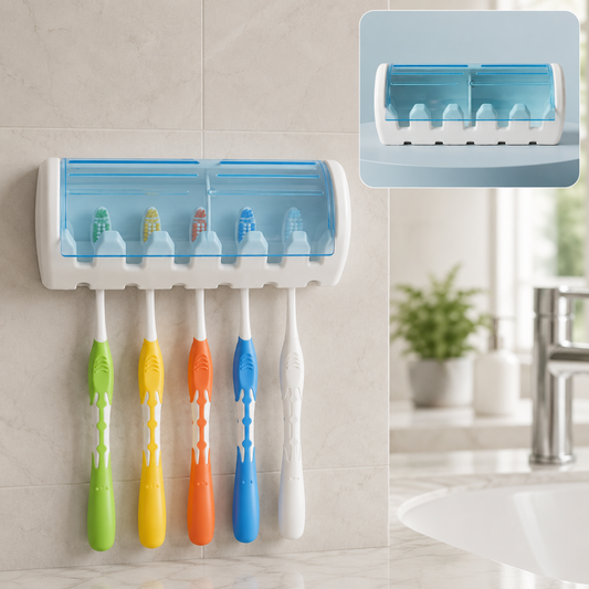White and blue wall-mounted toothbrush holder with five colorful toothbrushes hanging in a bathroom.