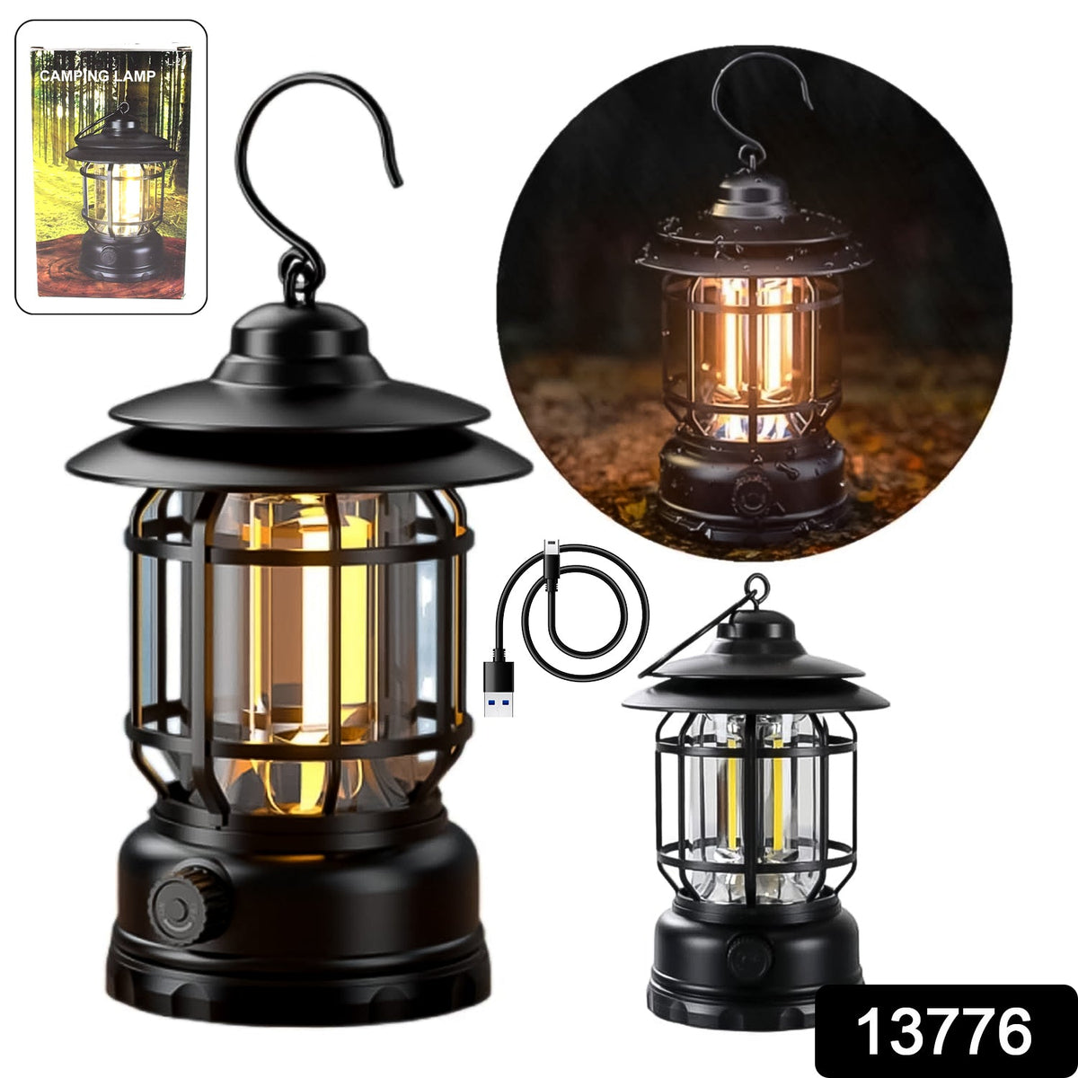 A black retro LED camping lantern, its packaging, a USB charging cable, and a smaller version of the lantern are displayed.