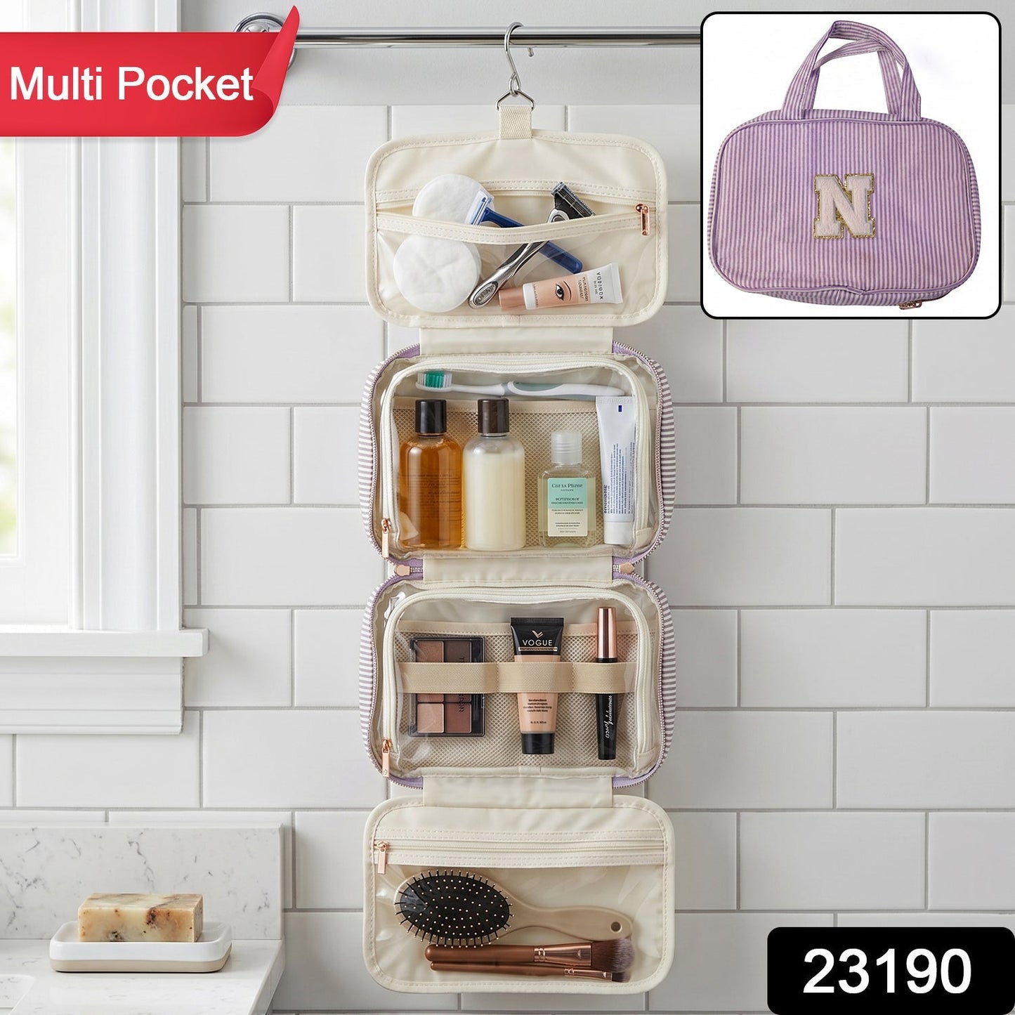 Open travel organizer bag with toiletries and multiple pockets
