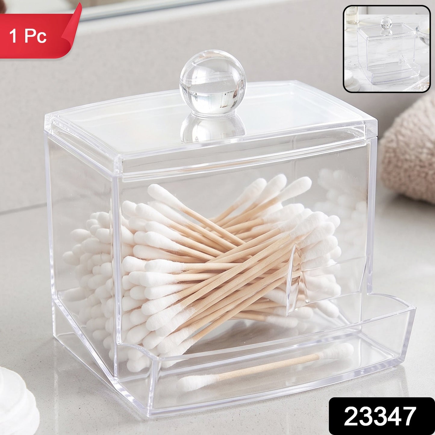 Clear acrylic cotton swab dispenser filled with cotton swabs, with a red "1 Pc" label.
