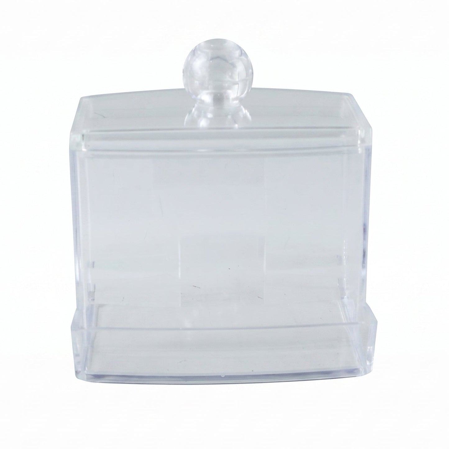 Empty clear acrylic cotton swab dispenser with a round knob on the lid, against a white background.