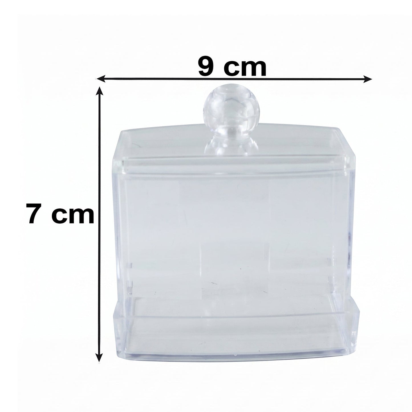 Empty clear acrylic cotton swab dispenser with dimensions of 9 cm width and 7 cm height.