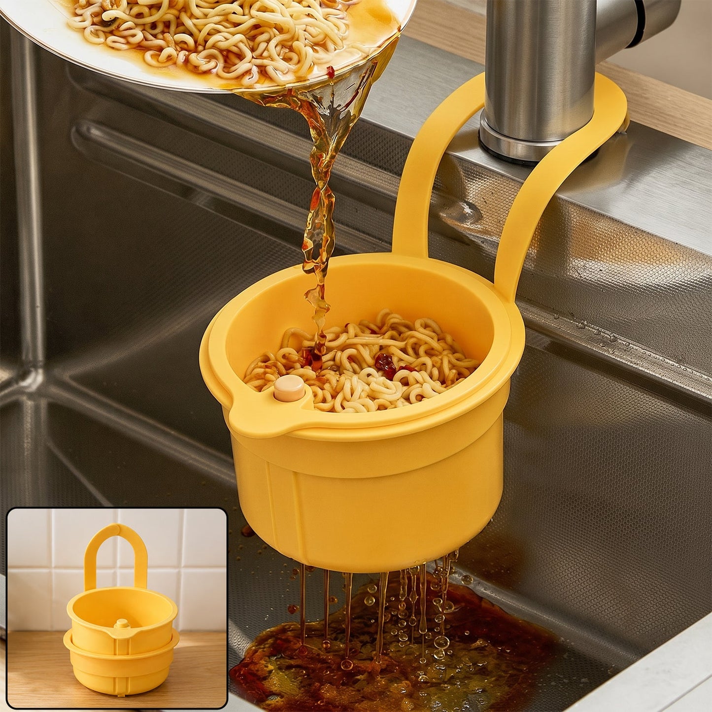 A yellow plastic hanging kitchen sink drain basket and food strainer with handle is shown in use, draining noodles.