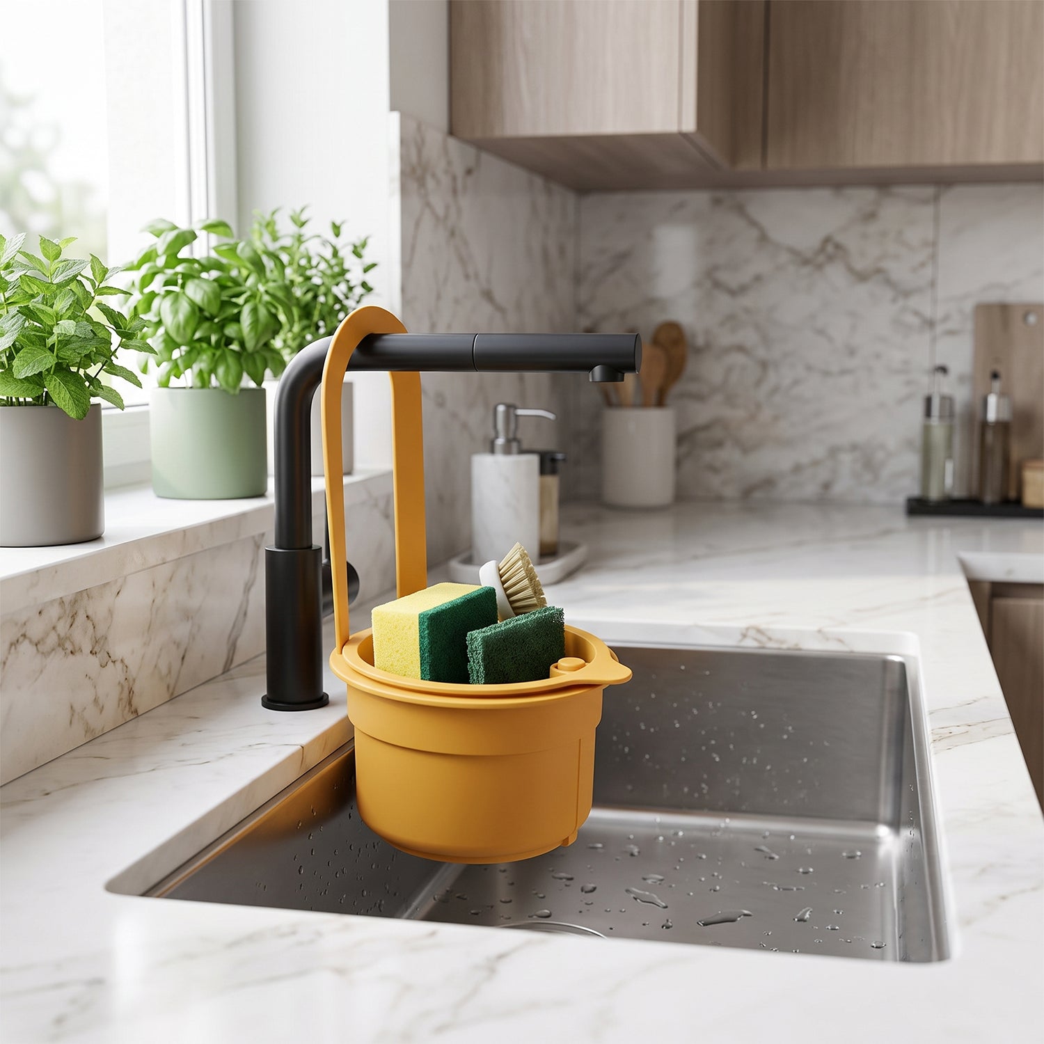 A yellow plastic hanging kitchen sink drain basket and food strainer with handle holds green sponges and a brush.