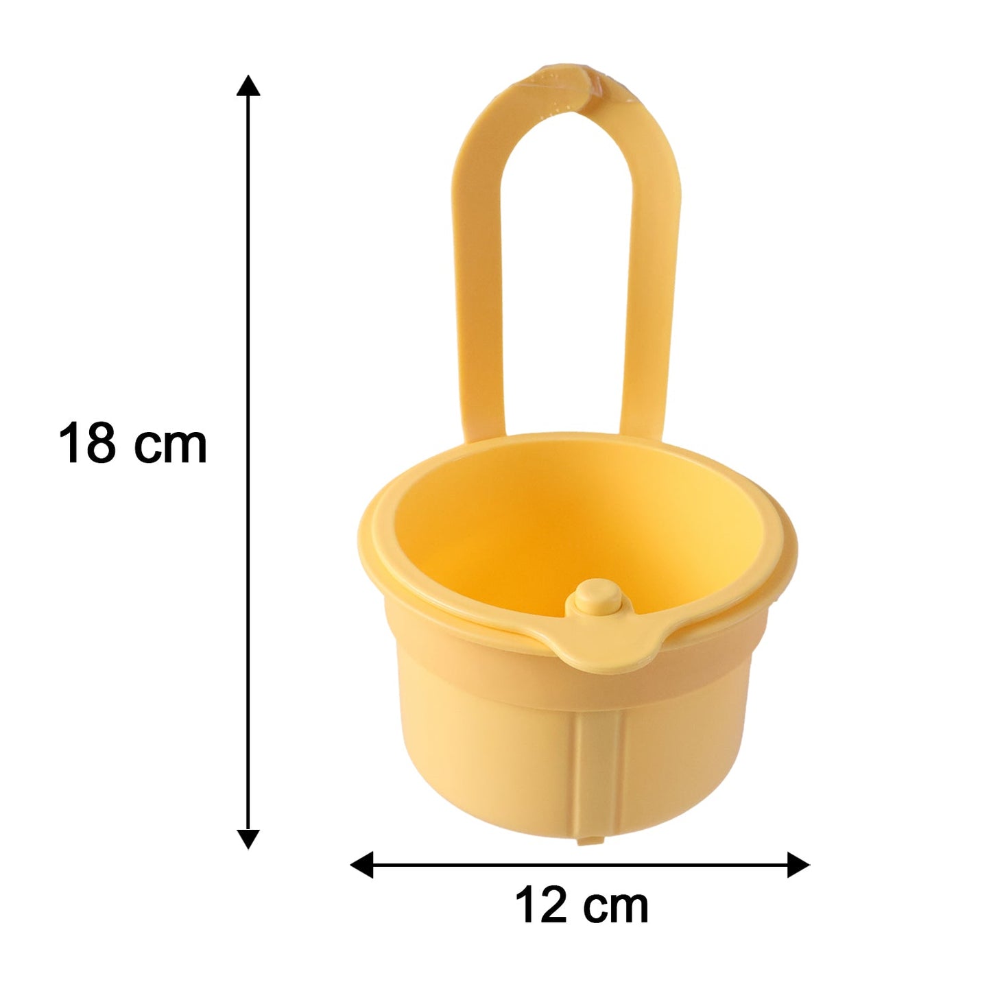 A yellow plastic hanging kitchen sink drain basket and food strainer with handle is shown with dimensions of 18 cm by 12 cm.