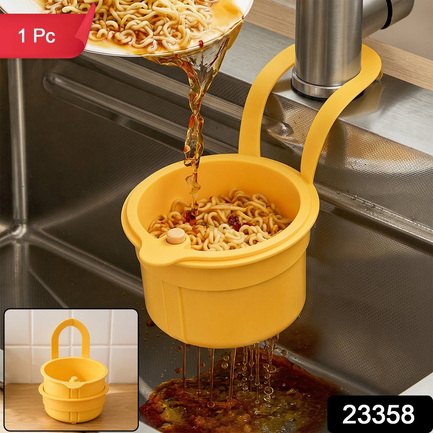 A yellow plastic hanging kitchen sink drain basket and food strainer with handle drains noodles into a sink.