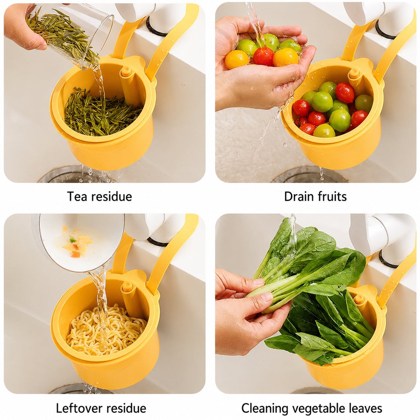 Four square images show the yellow plastic hanging kitchen sink drain basket and food strainer with handle in use for