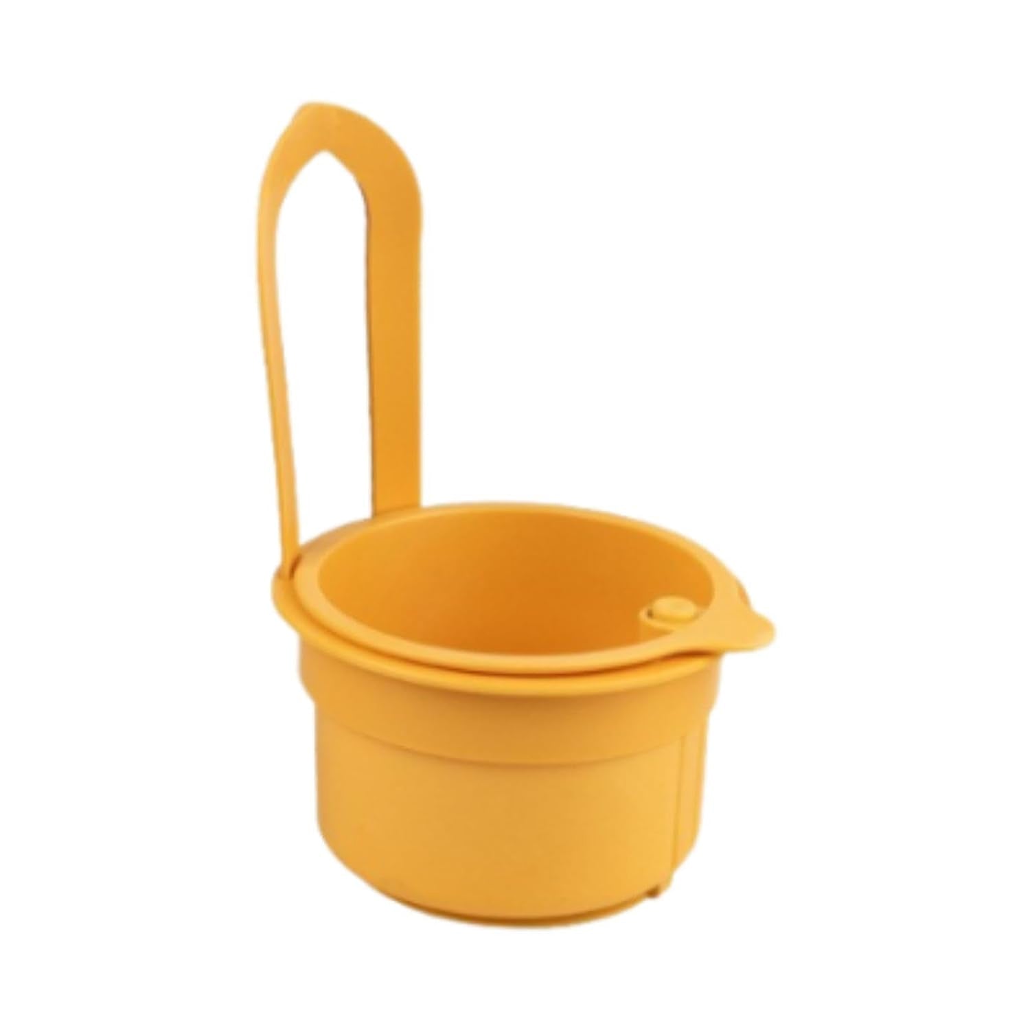 A yellow plastic hanging kitchen sink drain basket and food strainer with handle is shown against a white background.