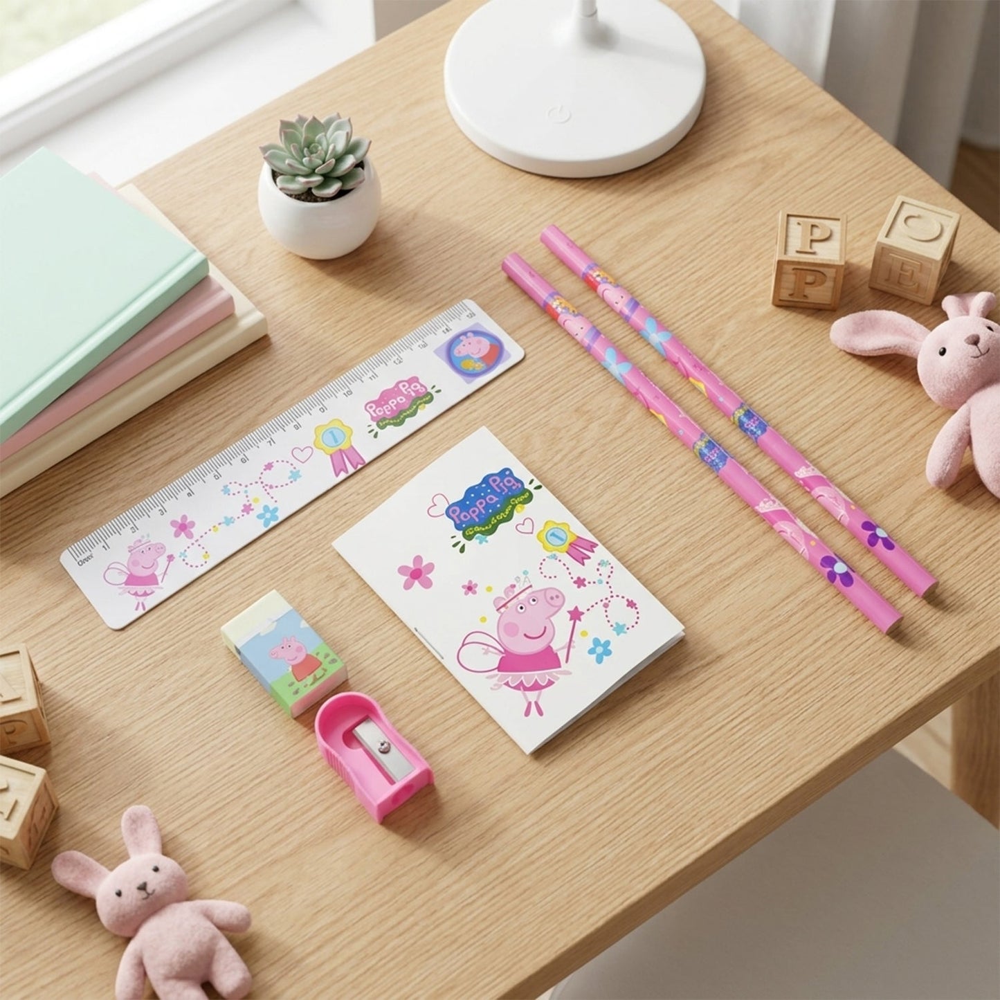 A Peppa Pig stationery set on a wooden desk surrounded by children's toys and books.