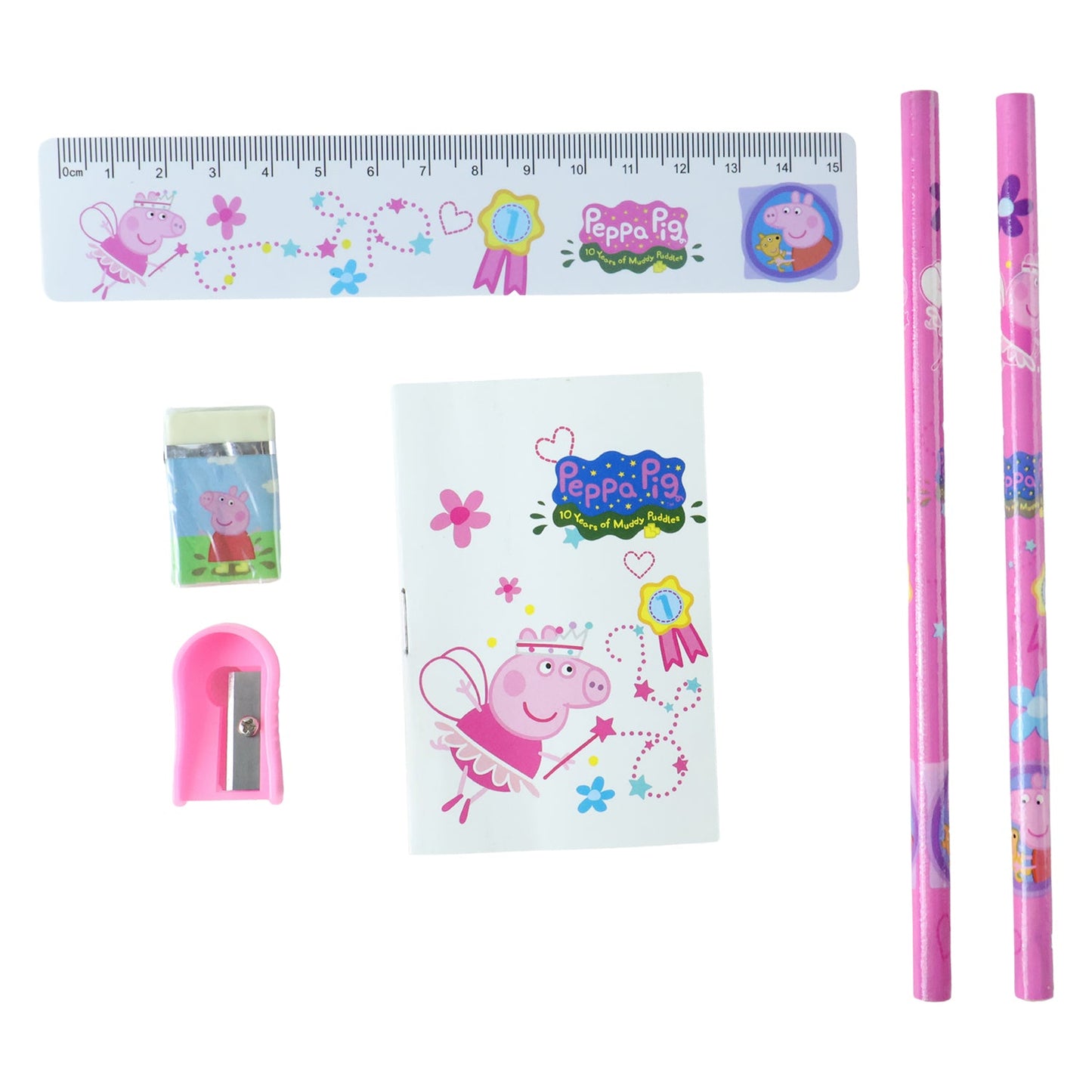 A Peppa Pig stationery set with pink pencils, a ruler, an eraser, a sharpener, and a notebook on a white background.