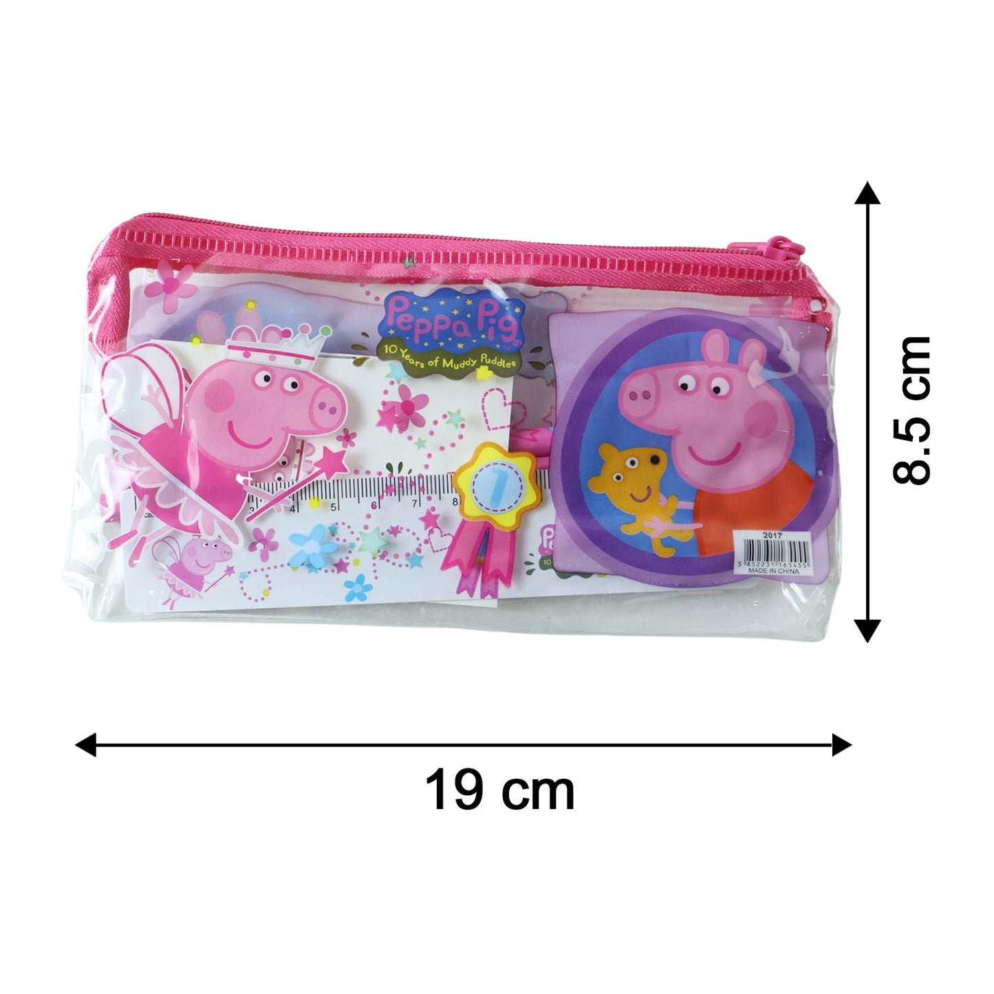 A clear pink-zippered pouch containing the Peppa Pig stationery set, with dimensions 19 cm by 8.5 cm.