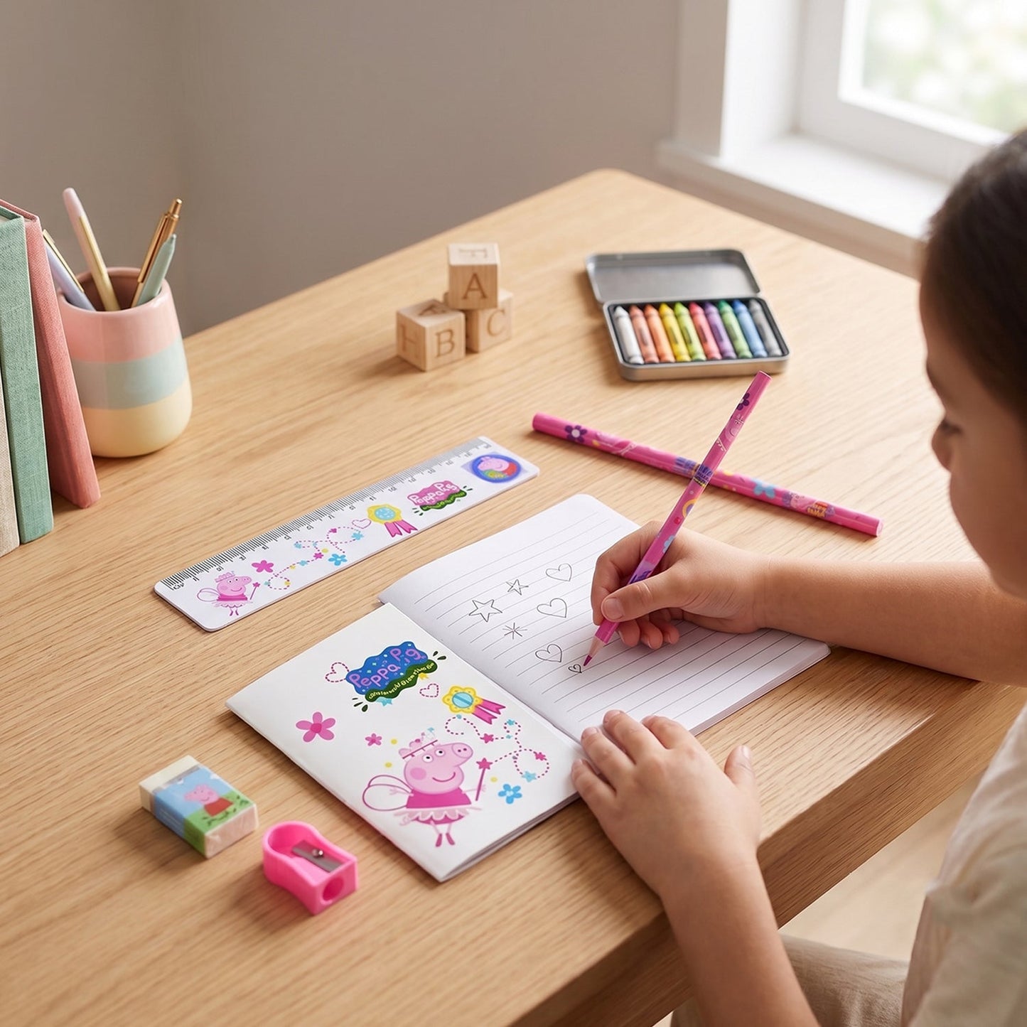 A child's hands drawing in a Peppa Pig notebook with a pink pencil, surrounded by the stationery set.