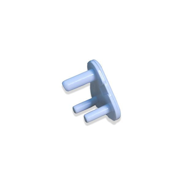 A single light blue child-proof plug with three prongs on a plain white background.