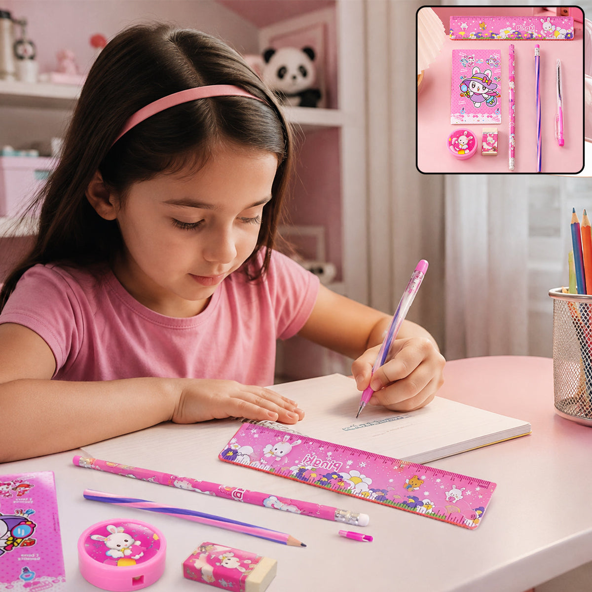 A young girl in a pink shirt writes with a pink pencil from the stationery set on a pink desk.